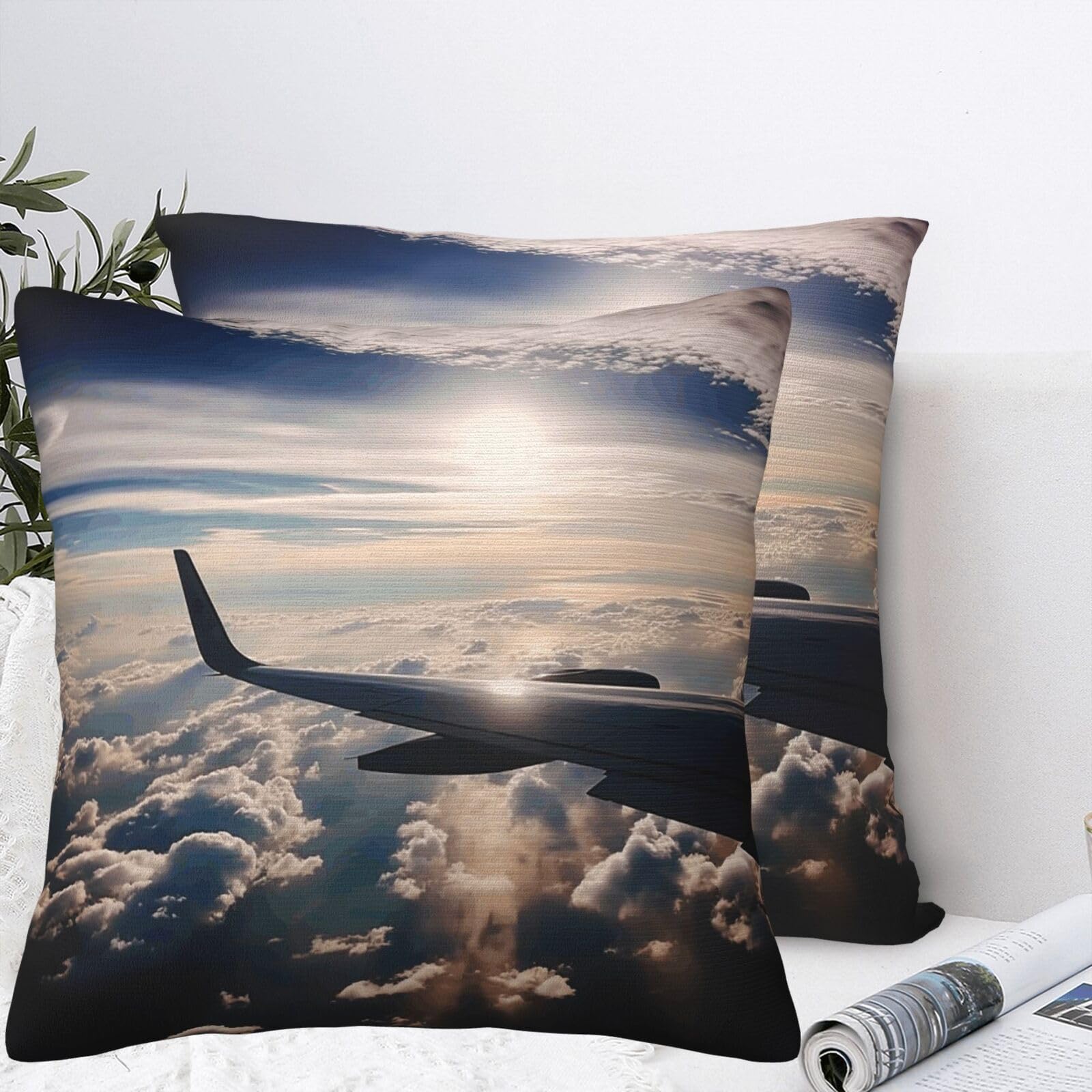 QMKFWT Beautiful Sky Airplane Plush Throw Pillow Covers 20"X20",Soft Cozy Couch Cushion Covers Decorative Pillow Cases for Holiday Home Bedroom Sofa Decors