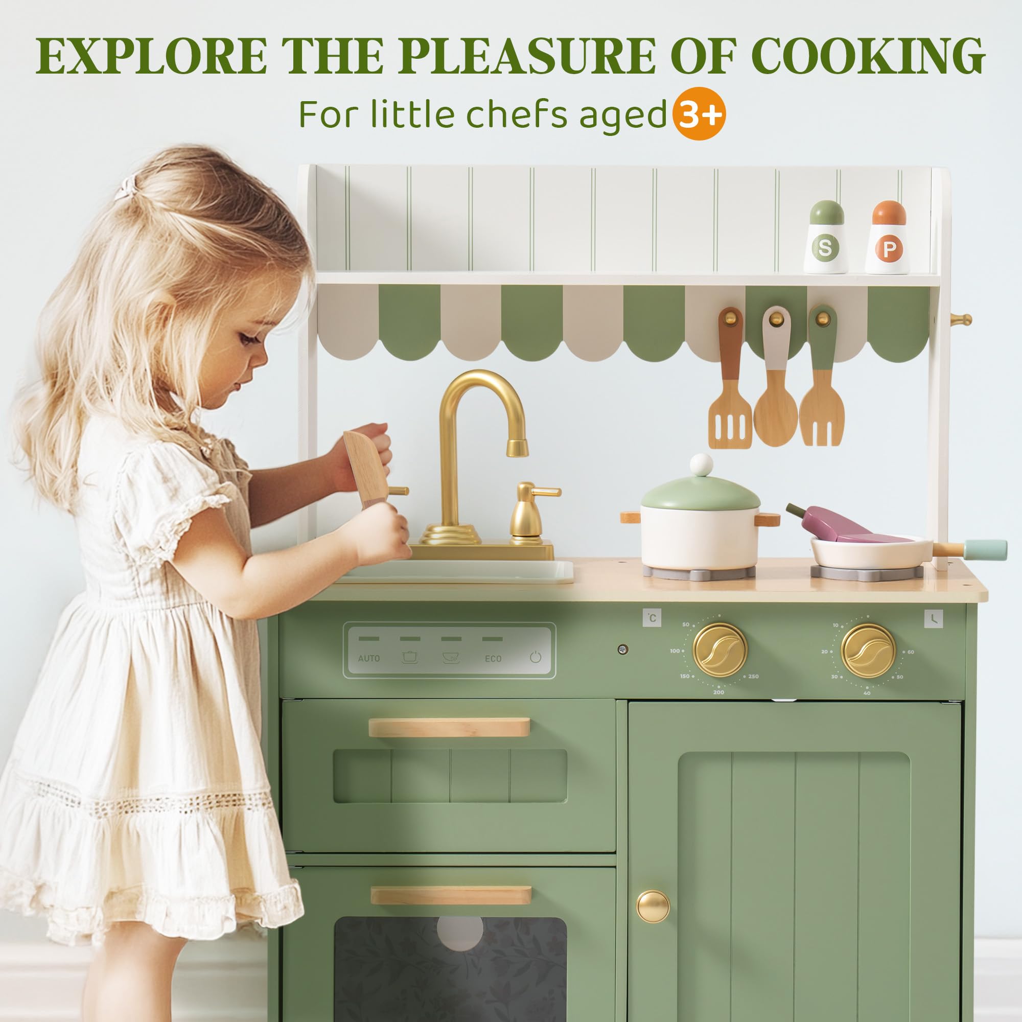 ROBUD Cucine da gioco in legno per bambini, con stoviglie, pentole, insalatiera e verdure, adatte per bambini dai 3 anni in su, verde
