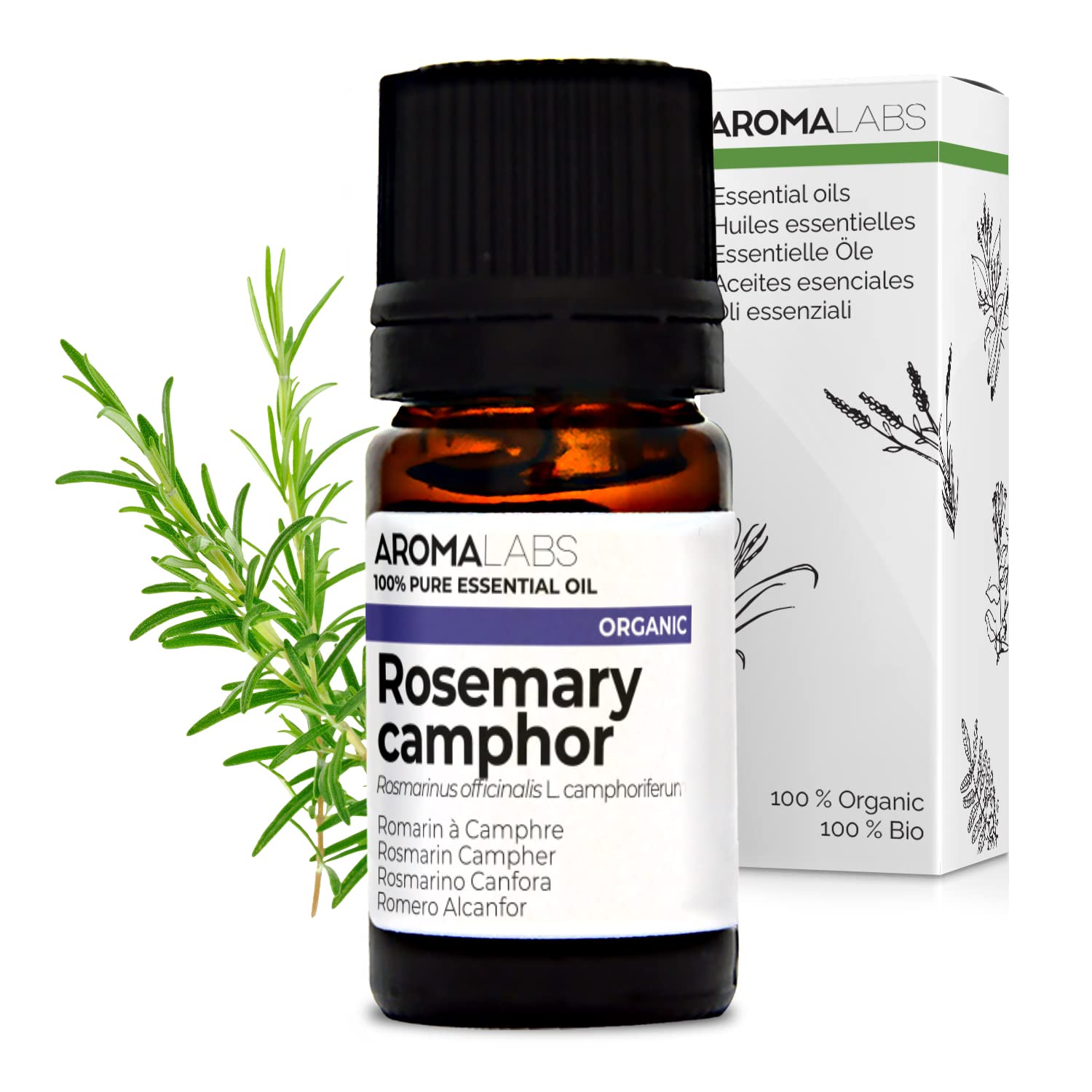 BIO - Rosemary Camphor Essential Oil - 5mL - 100% Pure, Natural, Chemotyped and AB Certified - AROMA LABS (French Brand)