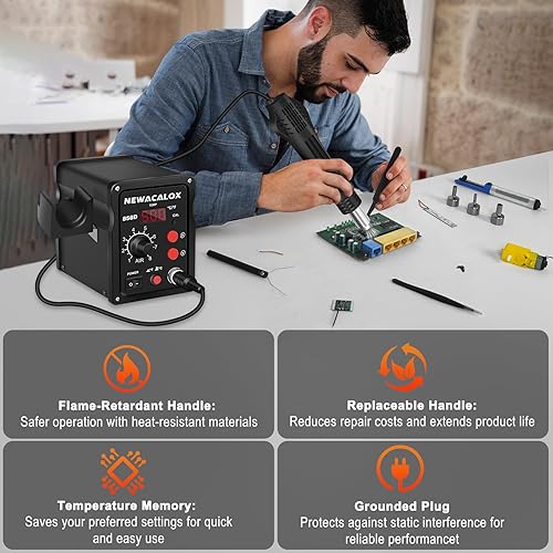 Miniatura 8 de NEWACALOX Estación de retrabajo de aire caliente Estación de soldadura 932.0 °F con pistola de aire caliente, flujo de aire ajustable, estación de