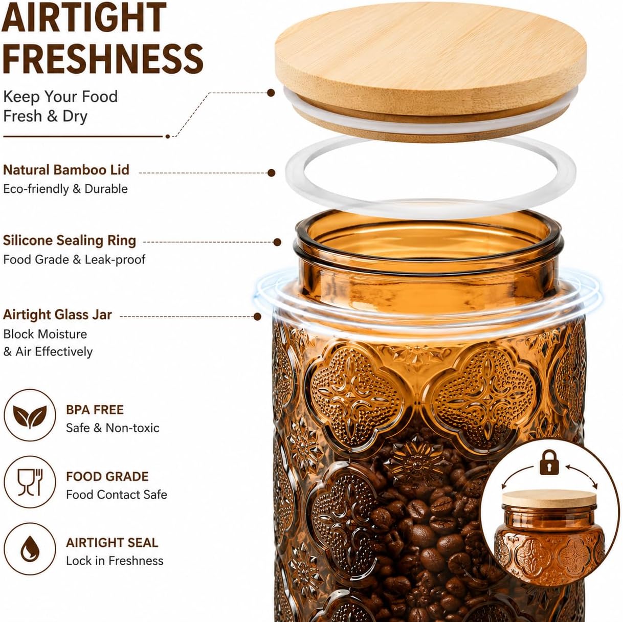 ANSQU Amber Glass Jar with Lid, 34oz Coffee Canister