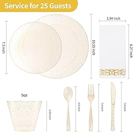 Goodluck 175 Piece Dinnerware Set for 25 Guests, Plastic Plates Disposable for Party, Include: 50 Gold Glitter Plastic Plates, 25 Paper Napkins, 25 Cups, 25 Gold Glitter Silverware Set