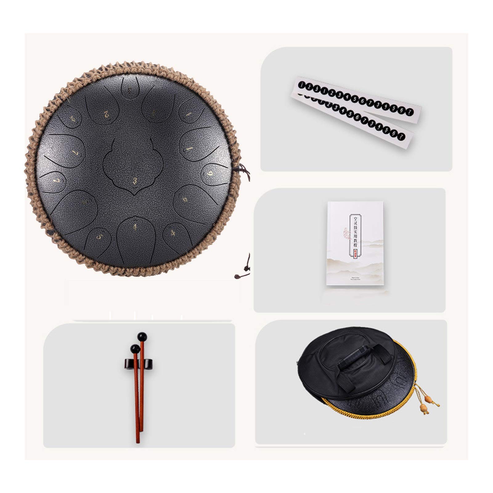 Tambourina A Percussione A Tamburo Da 12 Pollici In Acciaio 15 Tono Con Bacchette, Musica Book, Adesivi, Culle Dita, Sacchetto Di Stoccaggio, Regalo Per Principianti E Amanti Dello Yoga (Color : B)