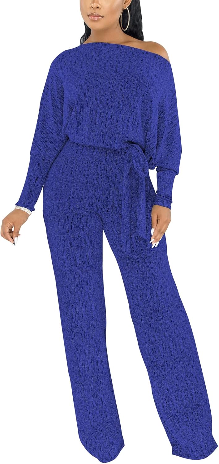 ZonJie Jumpsuits for Women Elegant Sexy Sparkly Sequin Off Shoulder Pants Long Sleeves Wide Leg Clubwear Rompers - Image 2