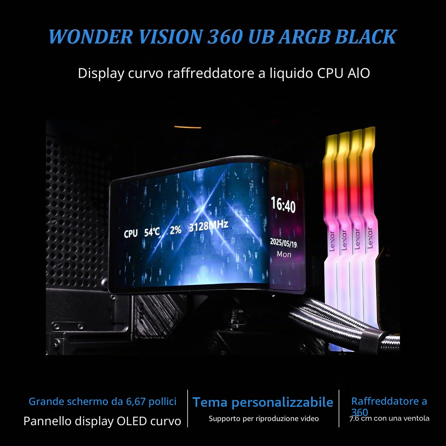 THERMALRIGHT Wonder Vision 360 UB ARGB Nero AIO CPU Liquid Cooler, per AM5/Intel LGA1851/1700, Schermo Curvo 3D da 6,67 Pollici con Risoluzioni 2400x1080, Pannello Magnetico, Supporto Video 3D/2D