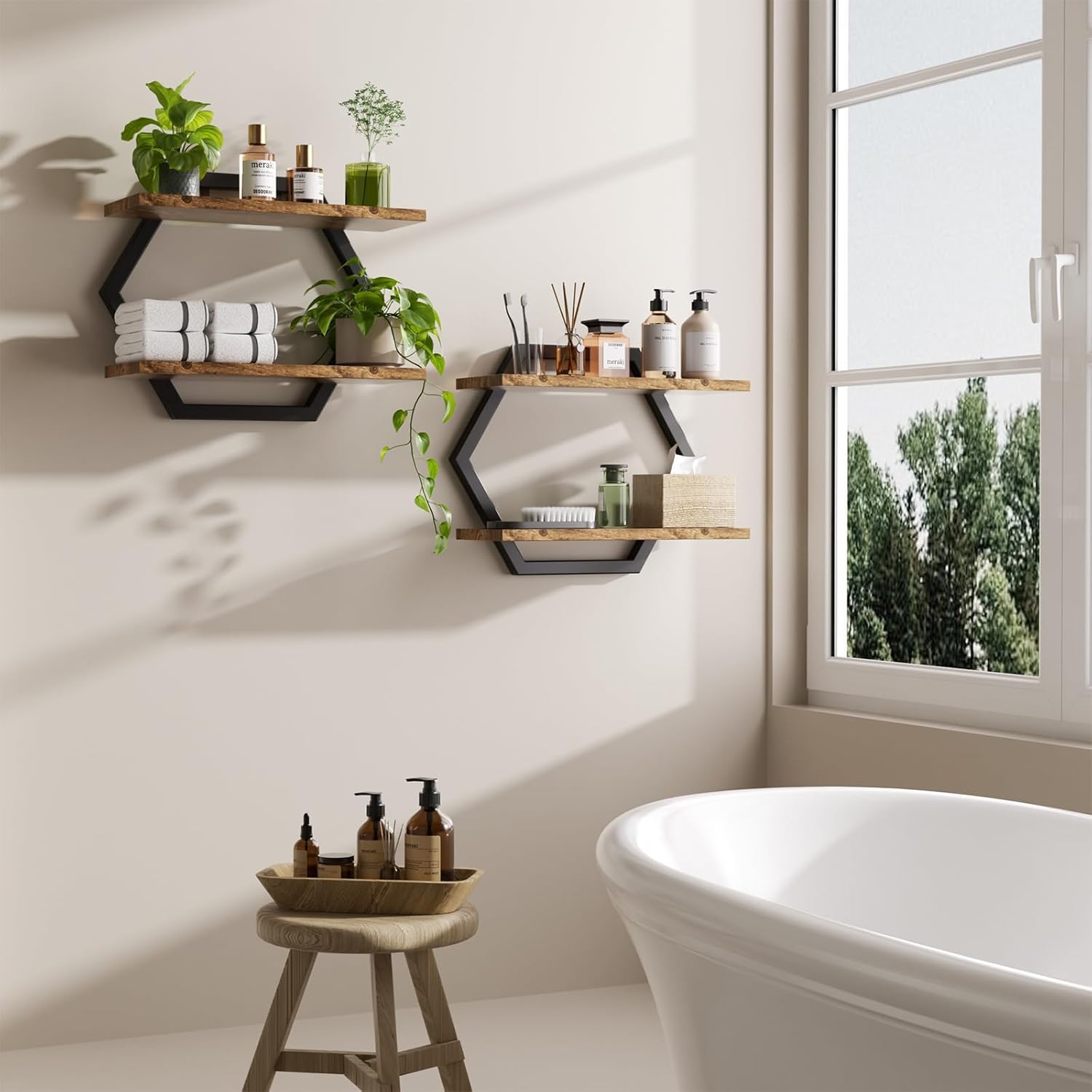 Floating Shelf- Floating Shelf for Wall Set of 2, 2 Tier Shelves for Wall for Bathroom, Bedroom, Toilet, Kitchen, Living Room, Office, Rustic Brown