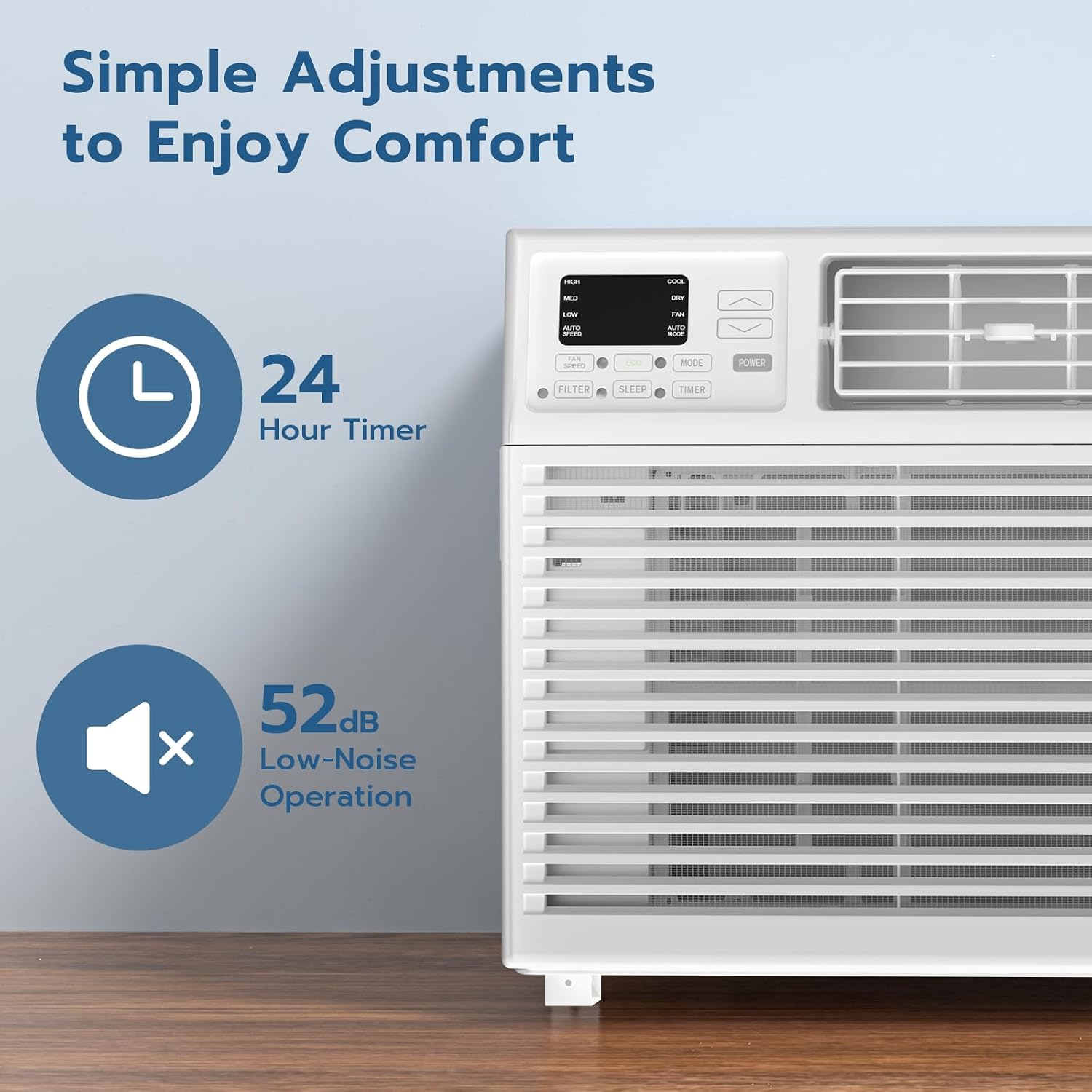 Close-up view of the ZAFRO Window Air Conditioner control panel
