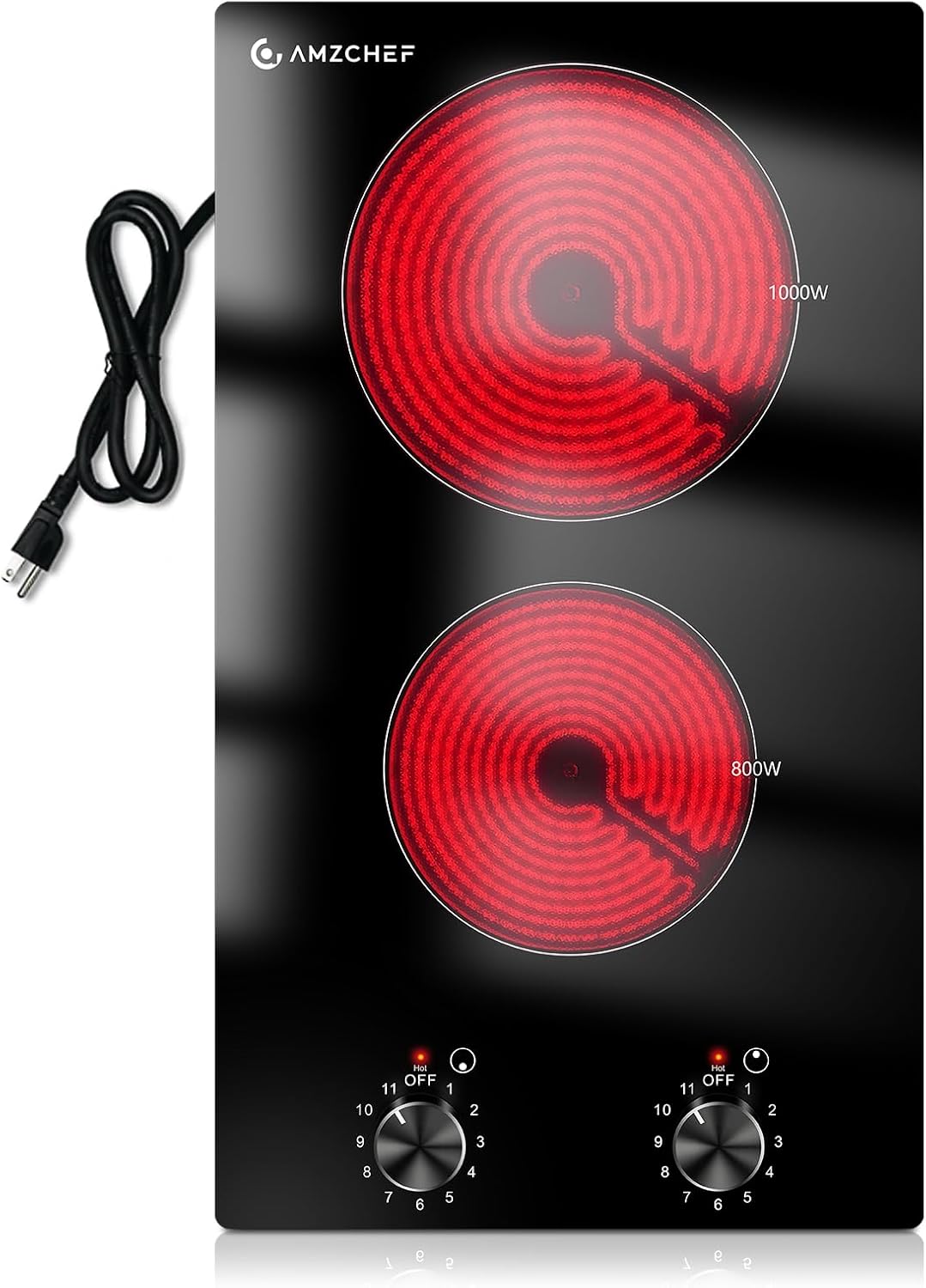 AMZCHEF 12Inch 2 Burner Electric Cooktop, 1800W/11Levels 2 Burners Stove Top With Knob Control Countertop & Built-in Radiant Electric Stove with Residual Heat Indicator two burners