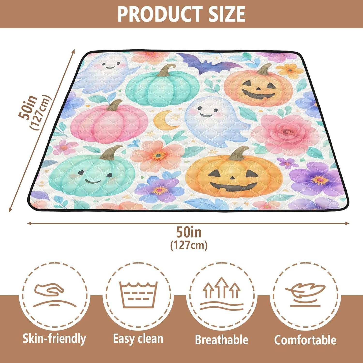 Ghosts and Halloween Pumpkins Baby Play Mat, 50“ X 50” Washable Folding Crawling Mat, Baby Floor Mat, Soft, Non-Slip