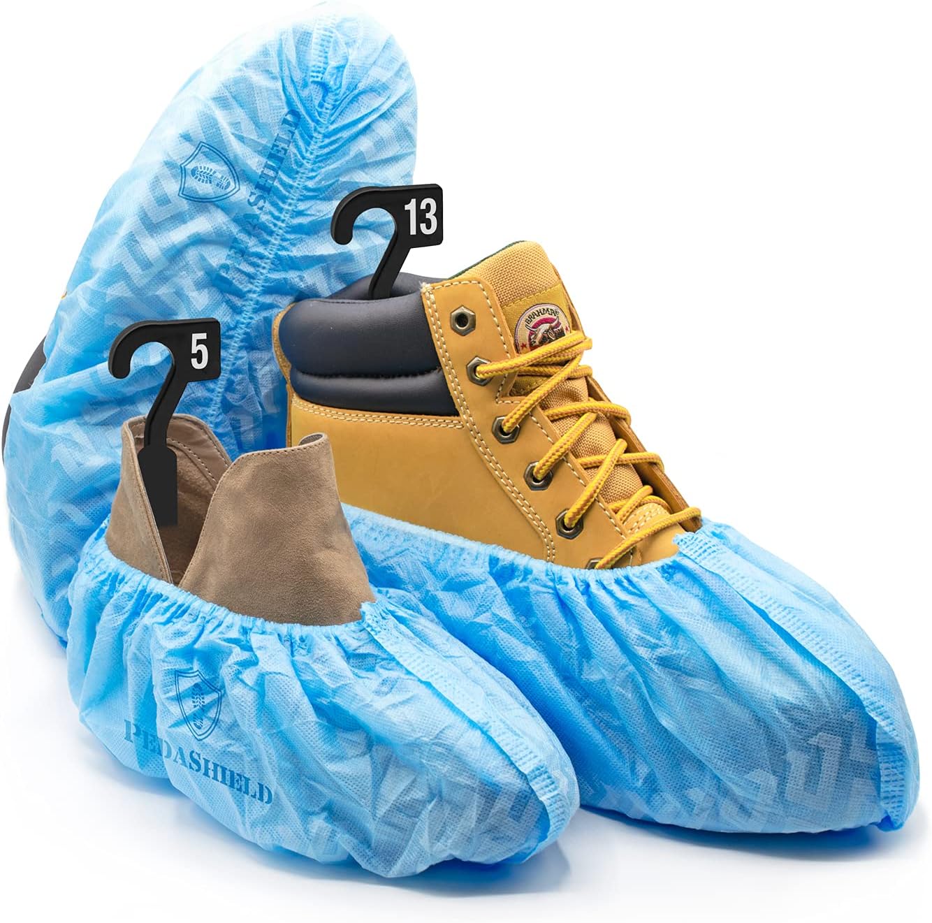 22 Premium XL Booties -Thick Extra Large Disposable Boot & Shoe Covers, Non Slip Water Resistant Foot Protectors, Construction Durable 42GSM for Indoors Outdoors, Up to US Men 13, Women 15