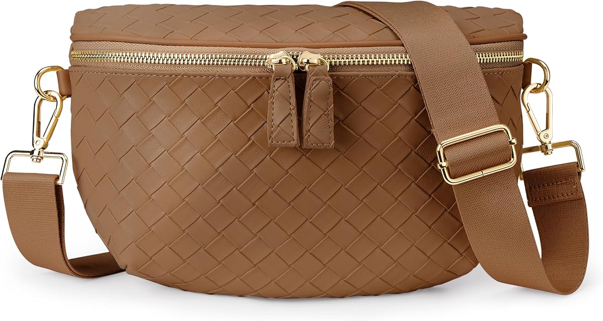 KALIDI Faux Woven Crossbody Bags for Women Travel Vegan Leather Fanny Packs | Small Cross Body Purse for Woman Mom Wife Trendy Sling Belt Bum Bag for Casual Everyday Errands Shopping Trip Festival, Brown