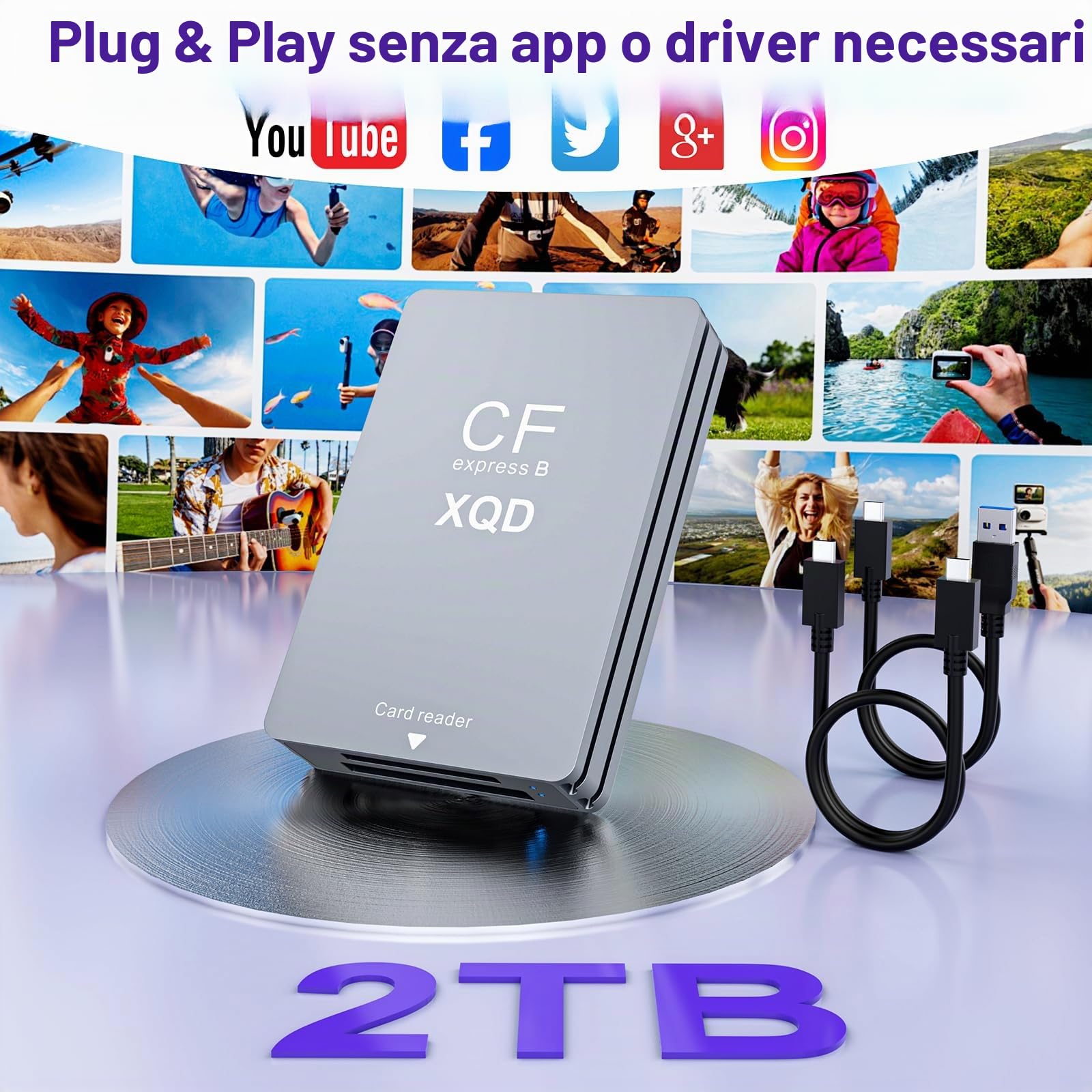 Lettore di Schede 3-in-1 CFexpress Type B/XQD/SD, Lettore CFexpress Type B a Doppio Slot in Alluminio USB 3.2 Gen 2 10 Gbps, include Cavi USB-C/C e USB-C/A, Compatibile Windows/Mac/Android/Linux