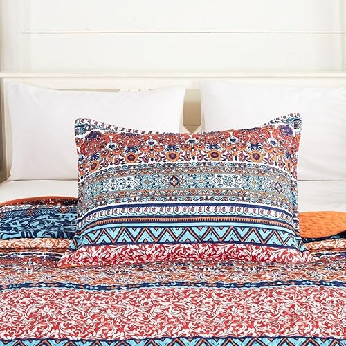 Chezmoi Collection SHORE-QUILT-MULTI-KING Shore 3-Piece Boho Stripe King Size Quilt Set - Medallion Floral Colorful Bohemian Printed Microfiber Lightweight Bedspread Set thumb #5
