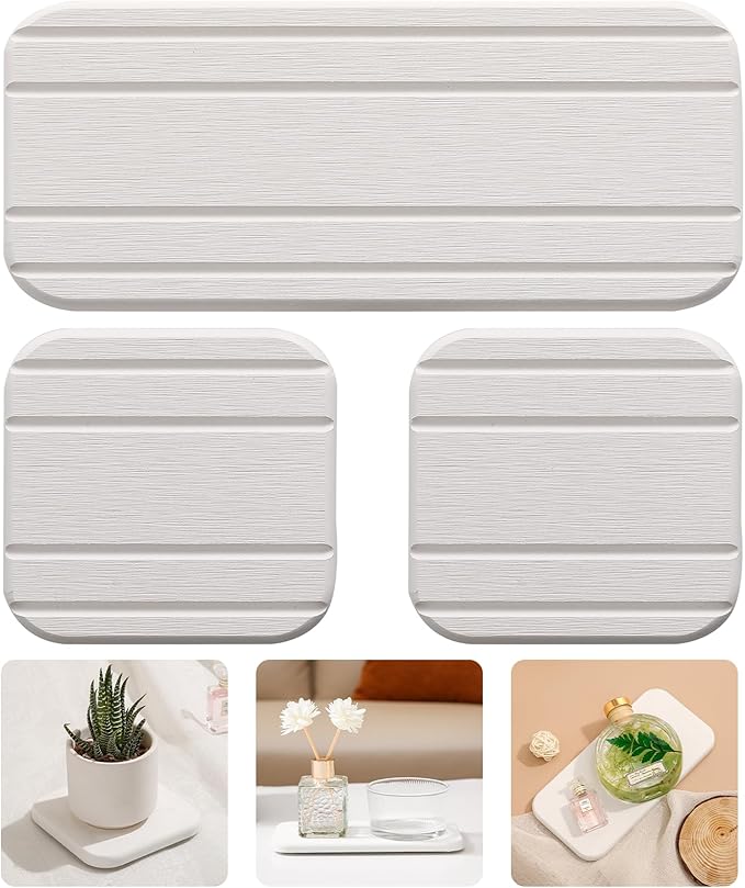 3PCS Water Absorbing Stone Tray for Sink, Diatomaceous Earth Stone Drying Tray, Fast Drying Stone Soap Tray & Toothbrush Holders for Bathroom Counter, 1 × Stone Tray, 2 × Stone Coasters