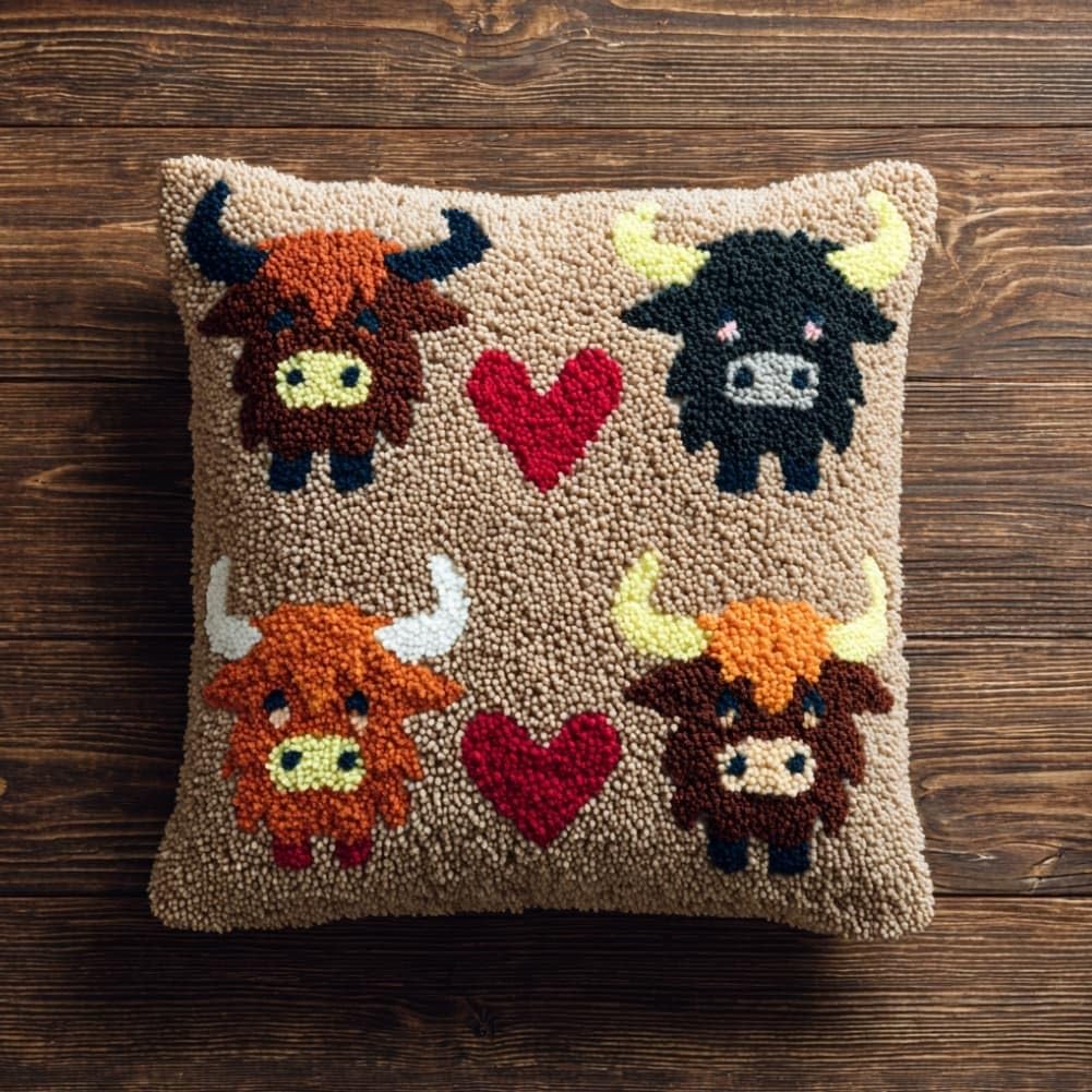Taxpy Latch Hook Cushion Kits Highland Cattle Pillowcase Kits Embroidery Kit 17X17 Inch DIY Needlework Pillow Cover Sofa Cushion Rug Making