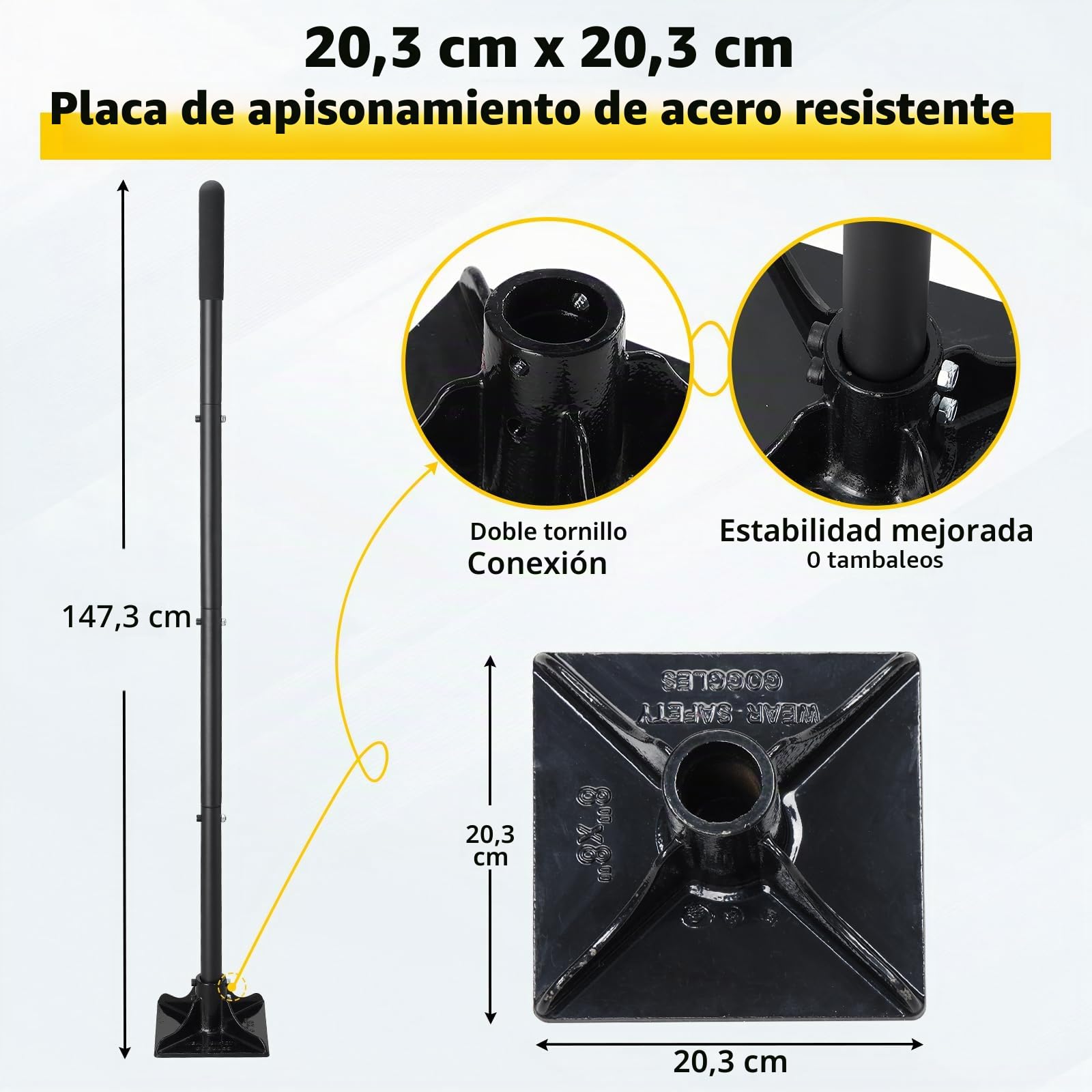 Machacador de acero de 20,32 x 20,32 cm con mango de 145 cm, apisonador manual para jardín, compactador de suelo para nivelación, montaje en suelo, reparación de adoquines