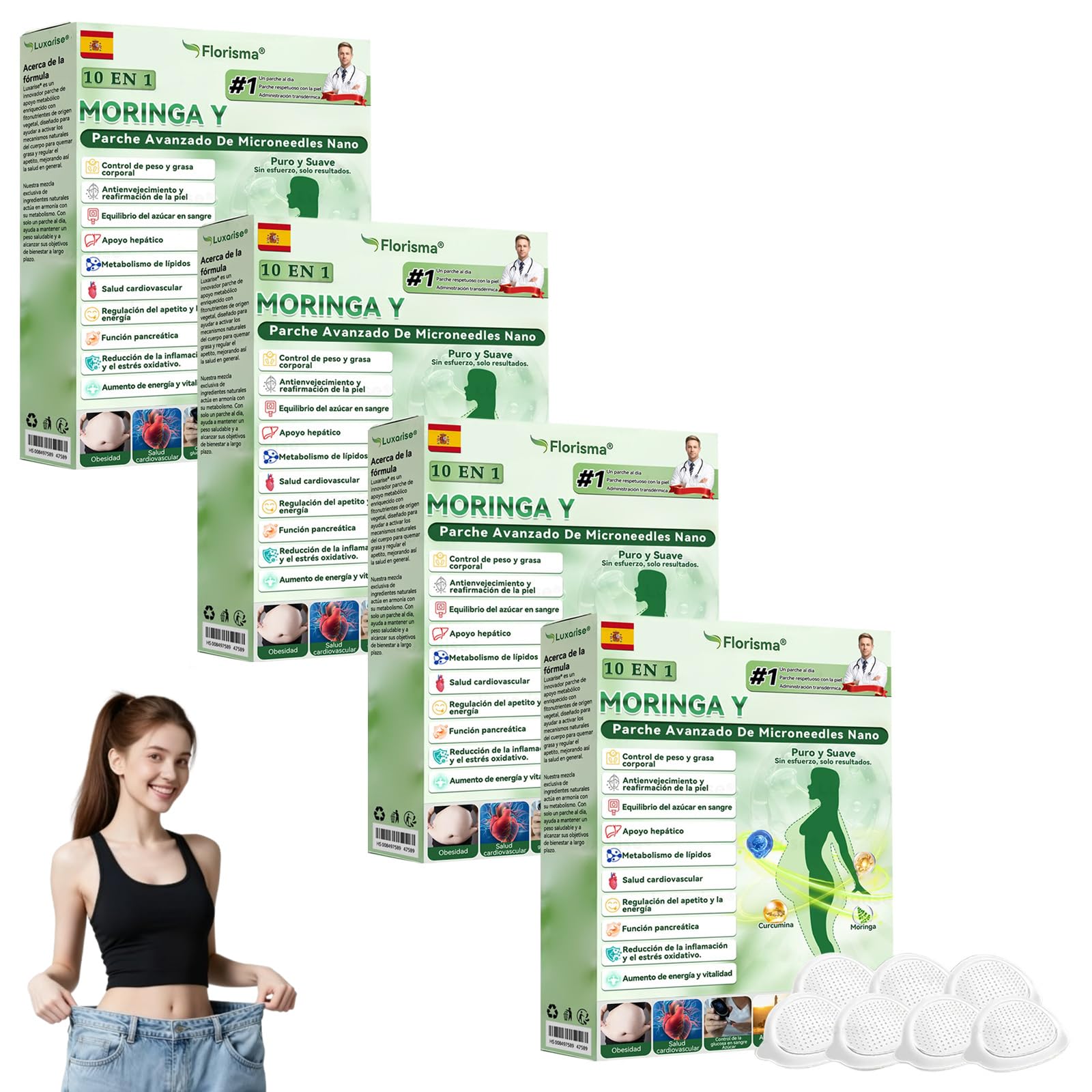 Florisma Moringa NAD+ Parche 10 en 1, Florisma Parches, Ingredientes Naturales, para hombres y mujeres (4 Caja)