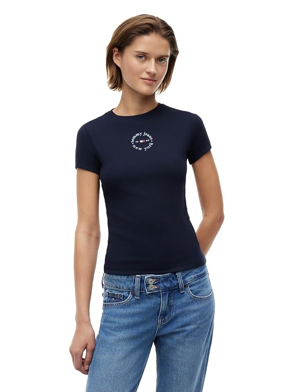 Tommy Jeans Womens Slim Essential Logo Ribbed Tee,Dark Night Navy Medium by Tommy Jeans - Used condition - US$20.90