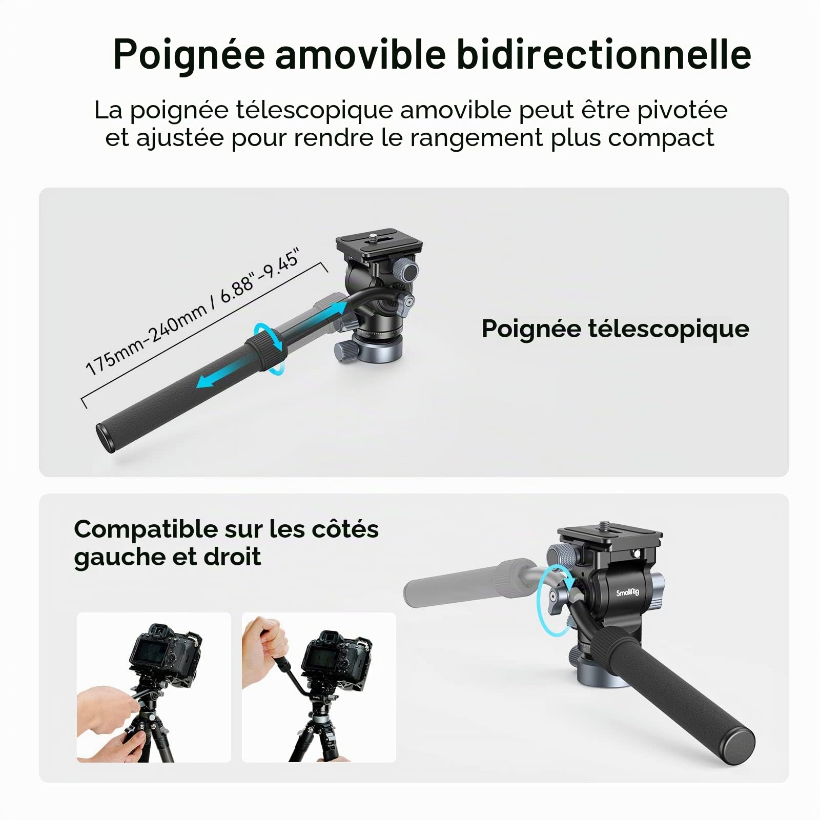 SMALLRIG CH20 Tête Vidéo Fluide pour Trépied avec Base de Nivellement, Plaque de Dégagement Rapide pour Arca et Poignée Réglable, Tête Panoramique Compacte Inclinable, Charge Jusqu'à 4 kg - 4170B
