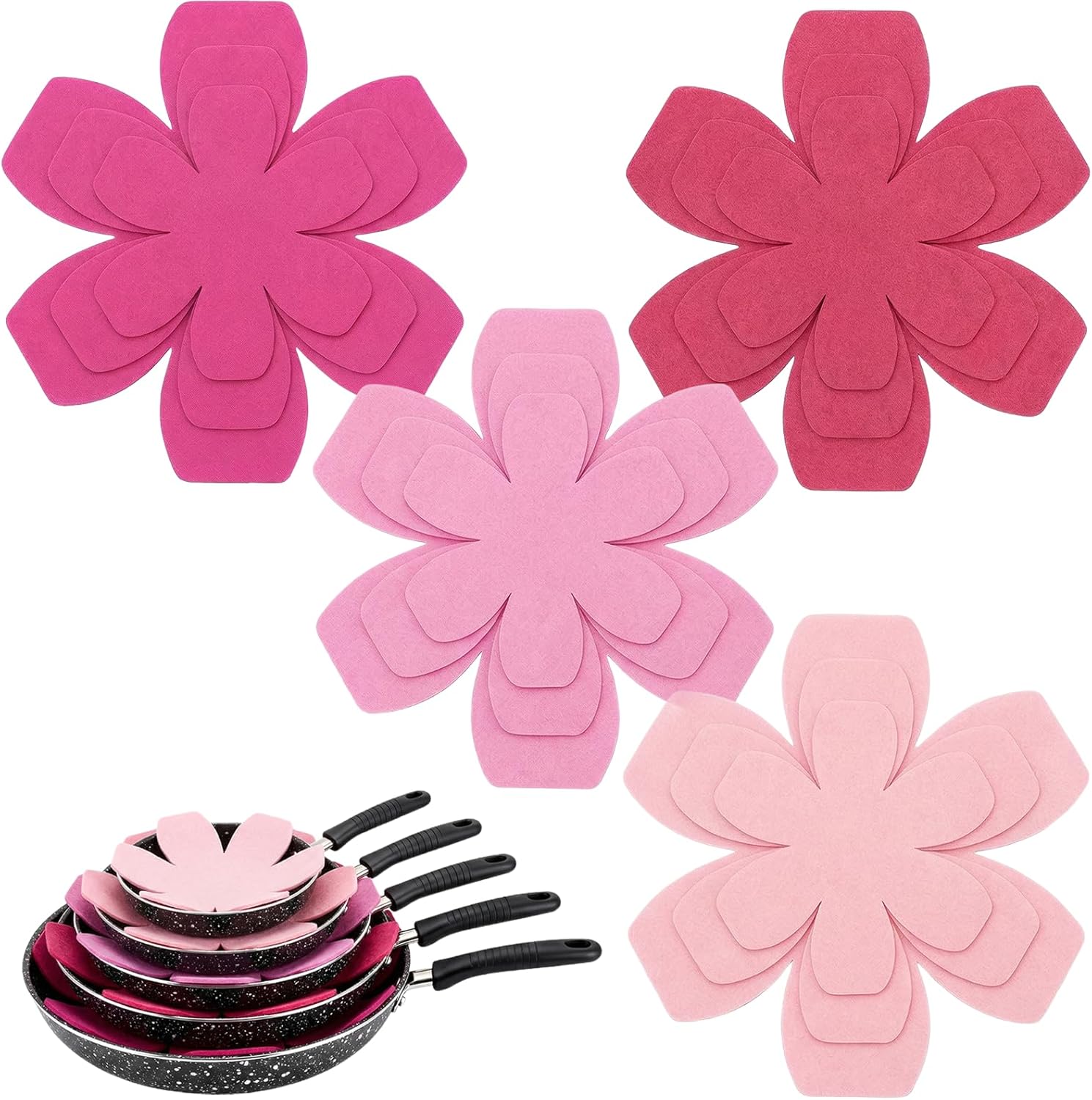 12 PCS Pot and Pan Protectors, 4 Colors(Pink Tones) & 3 Sizes Thicker Felt Pan Protector Pads, Pot Separators for Stacking, Anti-Slip Dividers to Protect Glass Ceramic Plates Cookware from Scratching