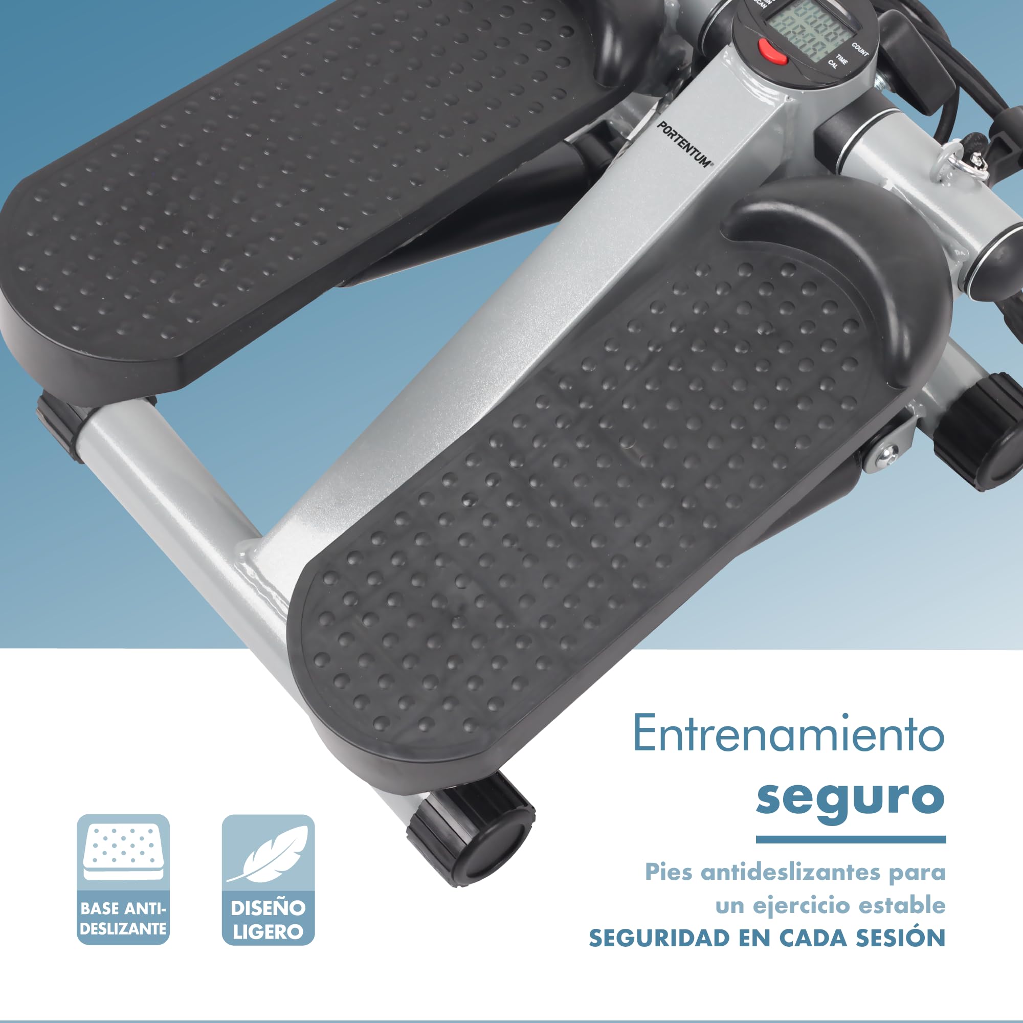 PORTENTUM Mini Stepper Fitness casa con Bandas de Resistencia y Pantalla LCD 5 Funciones — Máquina Steps 3-en-1 para piernas, glúteos y Brazos — Potencia Regulable — Compacto y fácil de Guardar