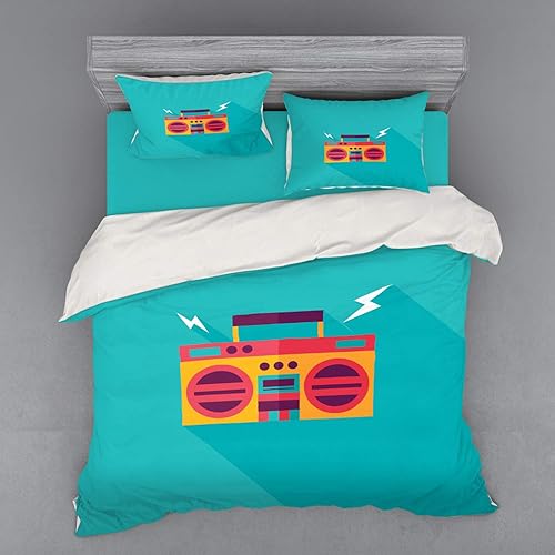 Lunarable Music Duvet Cover Set, Ghetto Blaster Audio Retro Boombox with a Long Shadow, 3 Piece Bedding Set with Sham and Fitted Sheet, King Size,