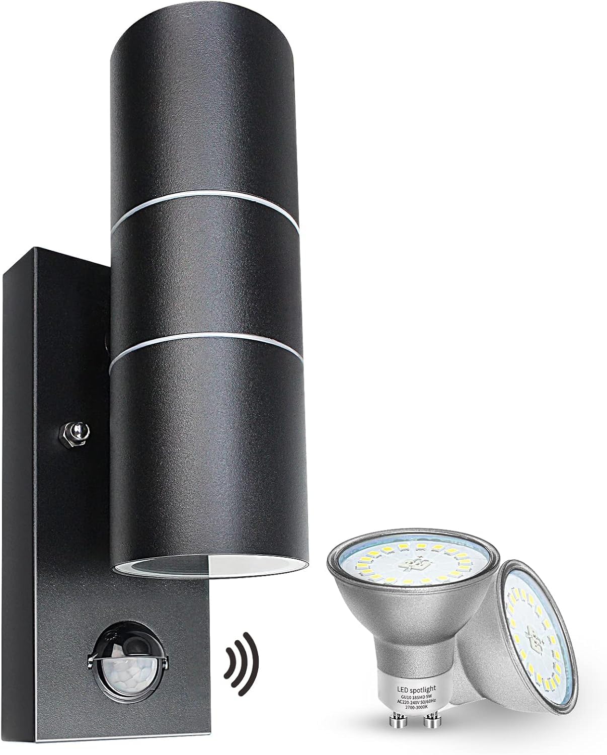 Lámpara de exterior con detector de movimiento negra GU10 lámpara de exterior LED Up and Down IP44 Moderna luz de exterior 230V incl.2x 5W bombilla blanco cálido, 1 pieza