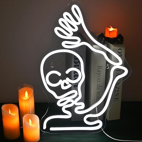 Skeleton Skull Neon Sign White Halloween Waving Ghost Led Light Up Signs for Wall Window Decor Usb Fun Lamp Neon Light Signs for Bedroom Beer Bar Man Room Birthday Halloween Party Gifts