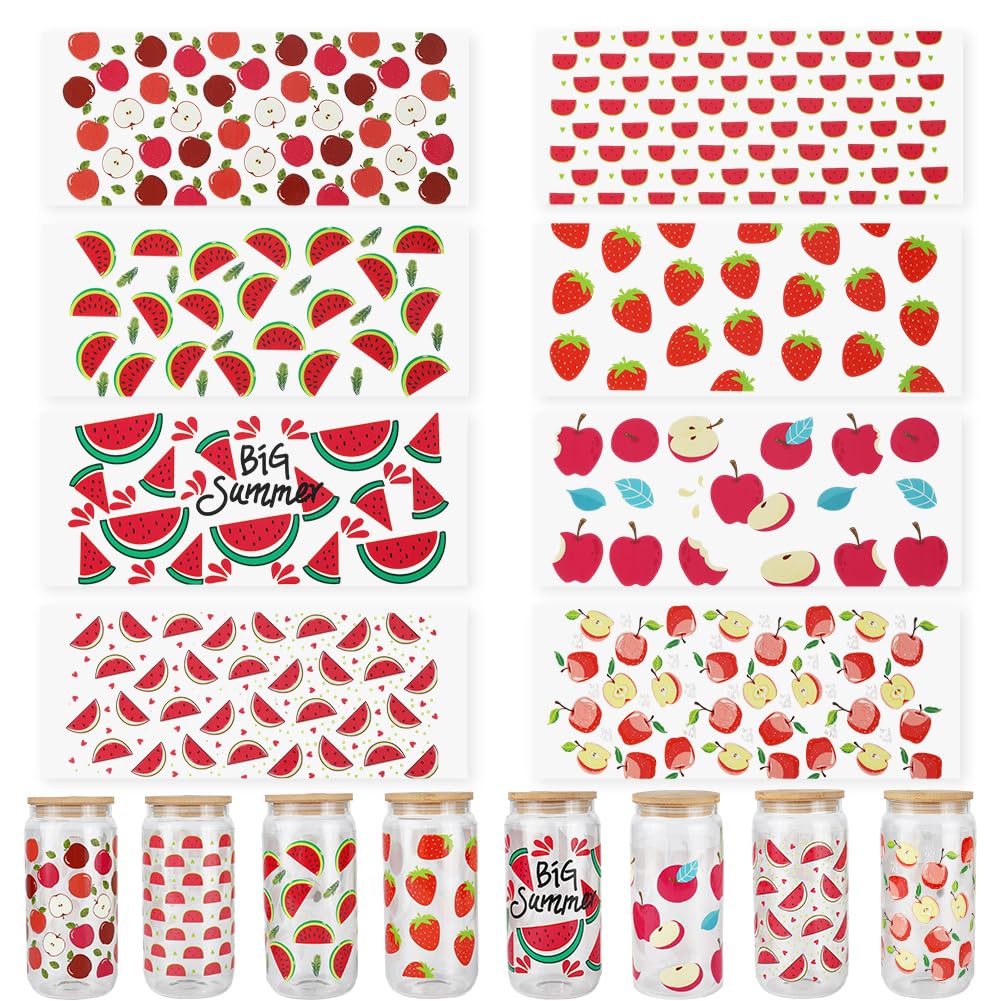 Autocollants UV DTF étanches pour bouteilles en verre et gobelets : 8 feuilles fruits