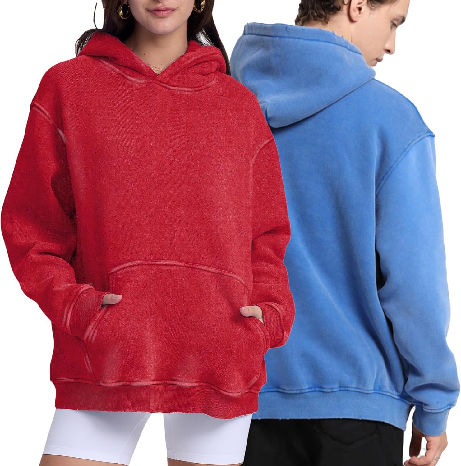 FAIABLE 2 Pack Acid Wash Hoodie Unisex Oversized Vintage Hoodie Heavyweight Distress Sweatshirts for Men Women Couples - Image 2