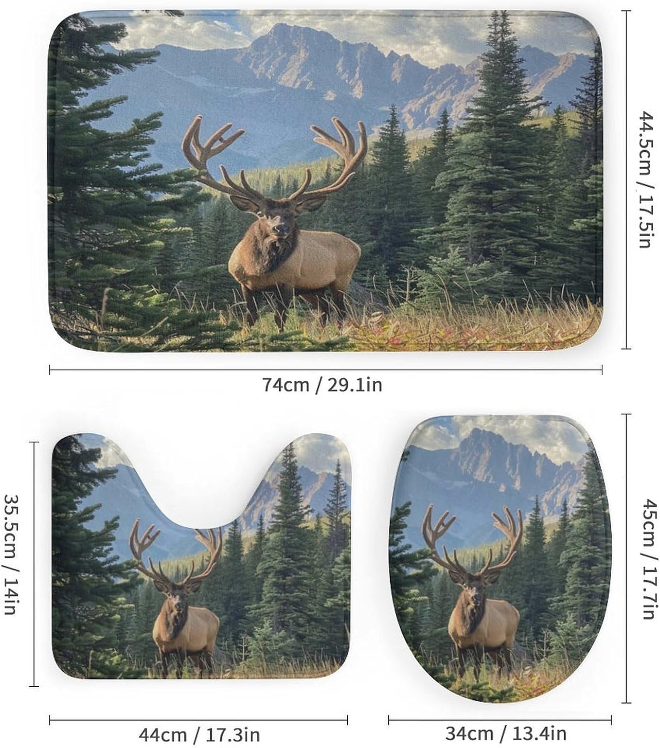 4Pcs Retro Rustic Elk Shower Curtain Sets Bathroom Decor, Forest Animal Tree Plant Mountain Shower Curtain with Non Slip Rug, Toilet Lid Cover, Bath Mat and 12 Hooks 72W x 72L