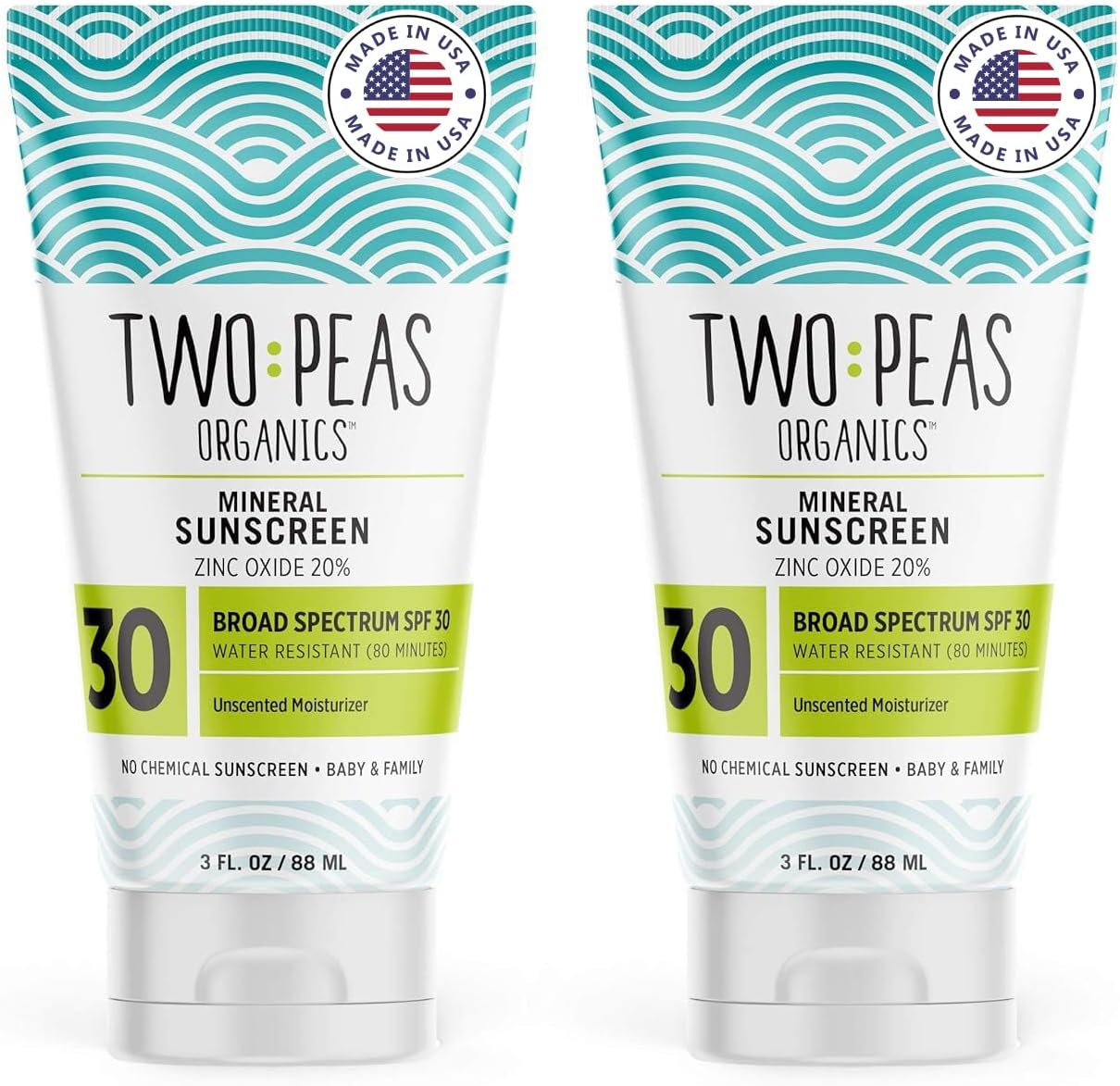 Two Peas Organics Mineral Sunscreen SPF 30 Lotion, Non-Nano Zinc, Reef Safe, Baby & Family Sensitive Skin, Water-Resistant 80 Min, Unscented, Organic & Cruelty Free, 3 oz Twin Pack