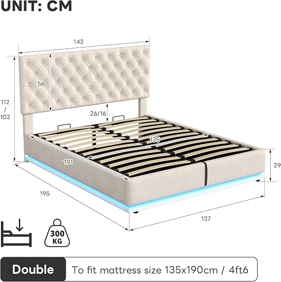 Double Ottoman Bed with LED Lighting, Velvet Upholstered Bed with Hydraulic Storage, 4ft6 Double Bed Frame with Handmade Button Tufted Adjustable Headboard, No Box Spring Needed, Beige