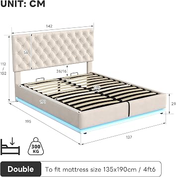 Double Ottoman Bed with LED Lighting, Velvet Upholstered Bed with Hydraulic Storage, 4ft6 Double Bed Frame with Handmade Button Tufted Adjustable Headboard, No Box Spring Needed, Beige