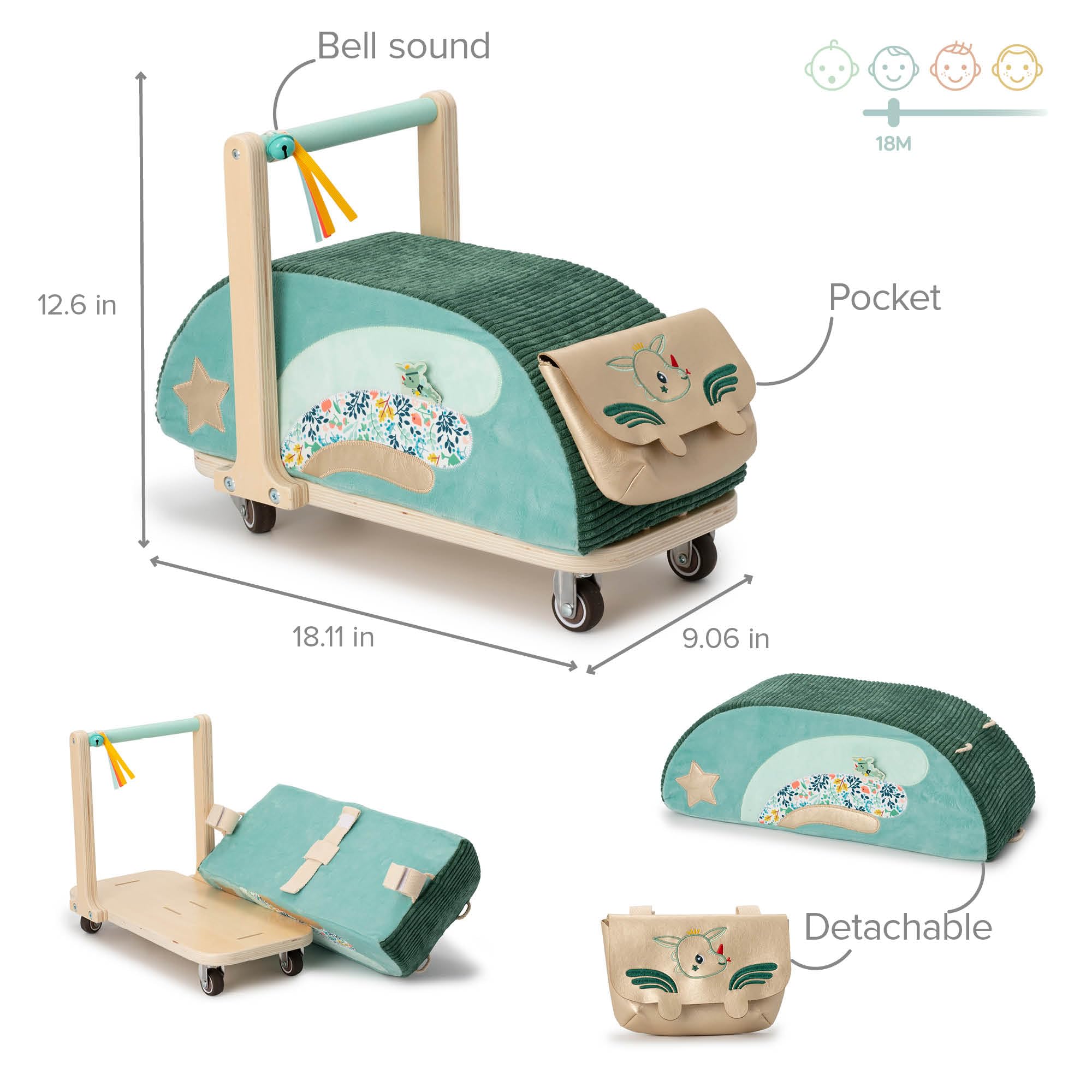 LILLIPUTIENS - Girello per Bambini in Legno e Tessuto Joe Il Drago - Stimola l’immaginazione e l’Equilibrio dei più Piccoli - con Ruote multidirezionali e Tasca Rimovibile - dai 12 Mesi - 83467