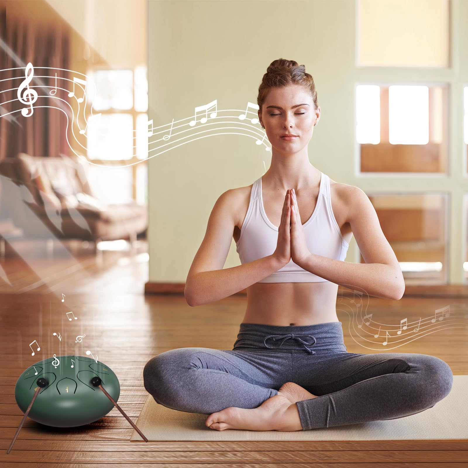 Rain Drum for Outside Garden, 6 Inches 8 Notes Steel Tongue Chakra Drums, Waterproof Meditation Rain Chime, Musical Instruments for Adult Gift with Bag, Music Book, Drum Mallets (Green)