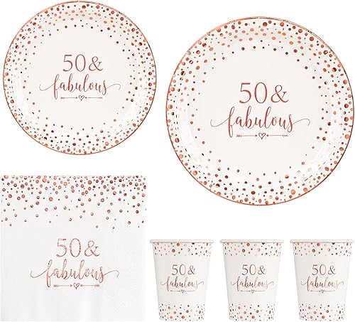 Crisky Juego de 50 servilletas fabulosas de papel de aluminio de oro rosa para mujer, suministros de decoración de fiesta de cumpleaños 50, vajilla