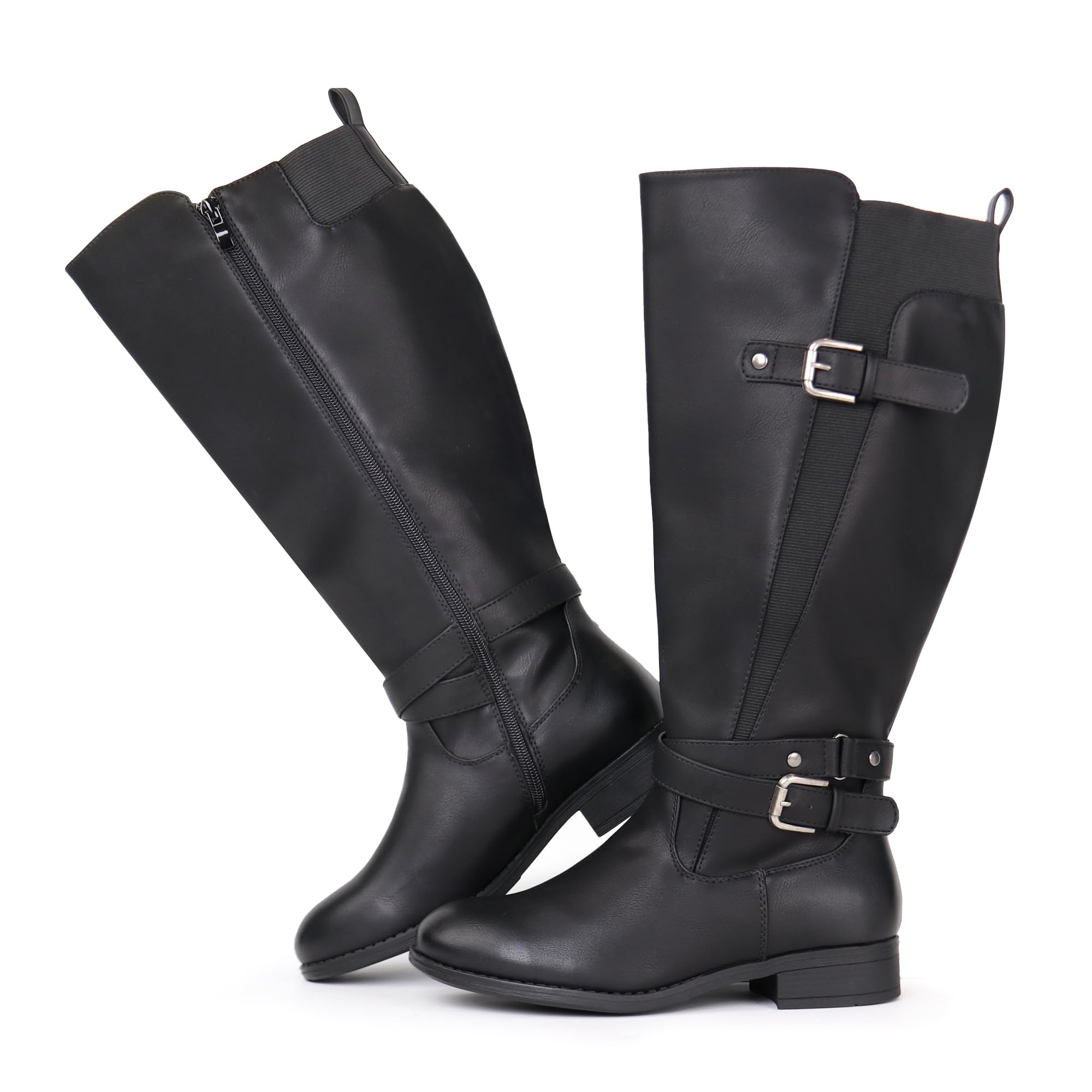 Stivali da equitazione da donna con gambo extra largo, tacco basso, cinturino alla caviglia, design sottile, stivali alti al ginocchio