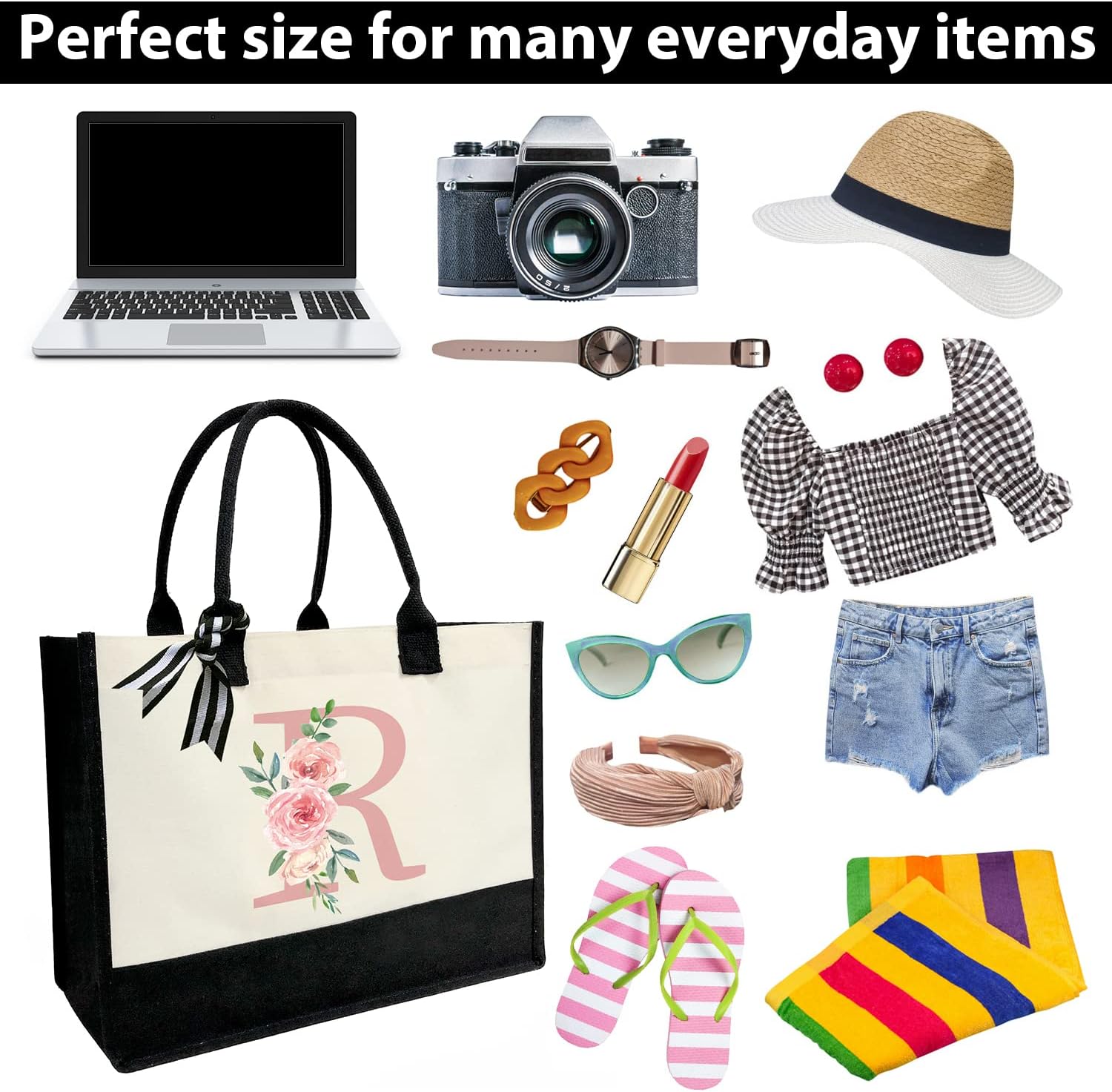 Initial Canvas Tote Bag for Women, Beach Bag with Inner Zipper Pocket Personalized Gifts for Wedding, Birthday | Initial, Personalized Gifts, for Wedding, Birthday - Image 5