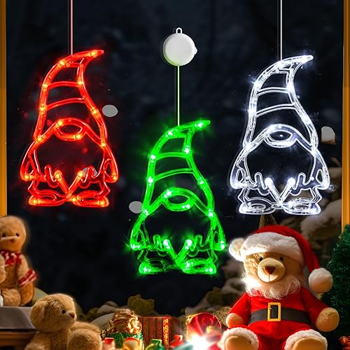 LOLStar Luces de Navidad, paquete de 3 luces de ventana de gnomos rojos, blancos y verdes con ventosas, función de temporizador de actualización