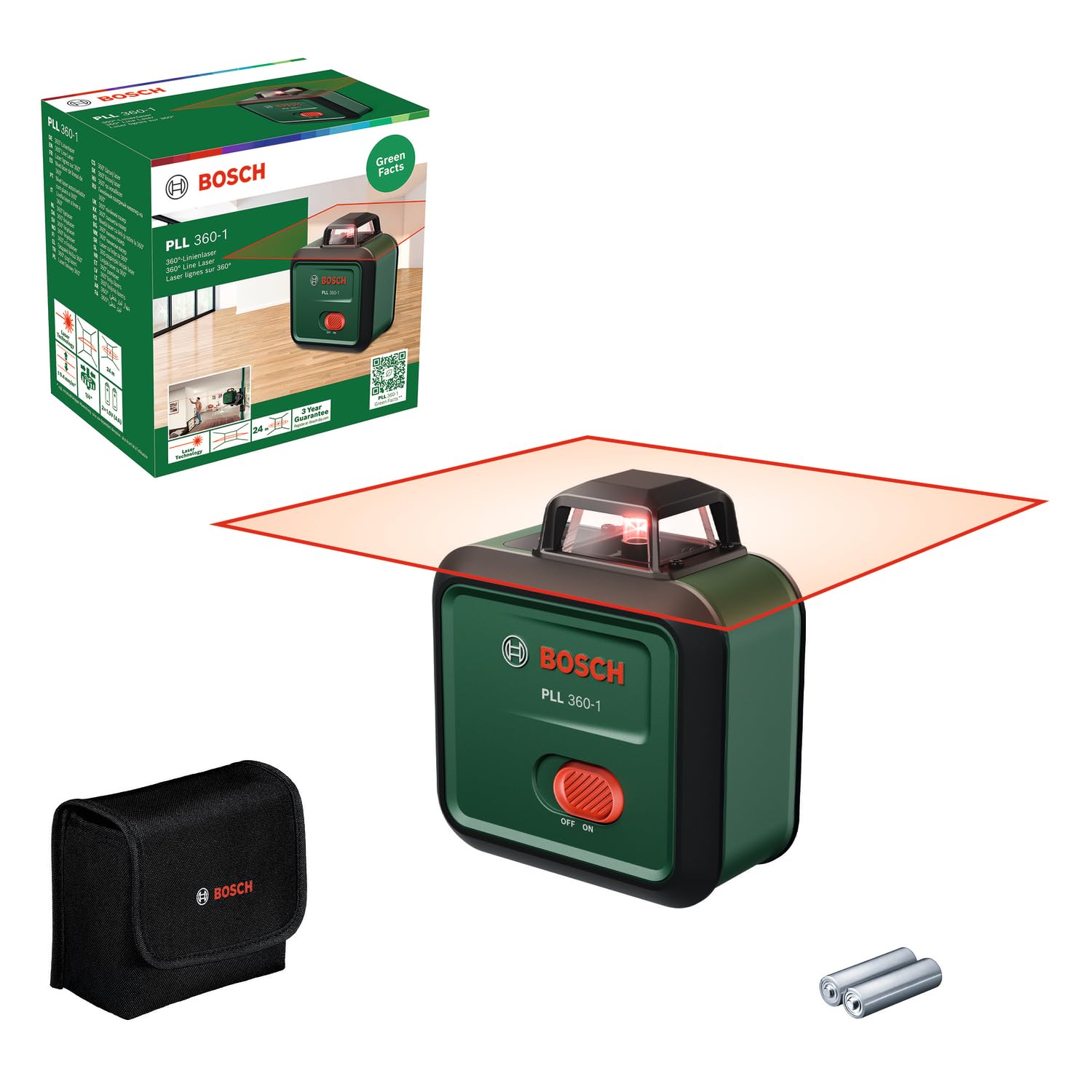 Bosch Leveling Laser PLL 360-1 (self-Levelled 360° Plane Laser, ±0.4 mm/m Accuracy, 12 m Working Range, Slope Function, in Cardboard Box)