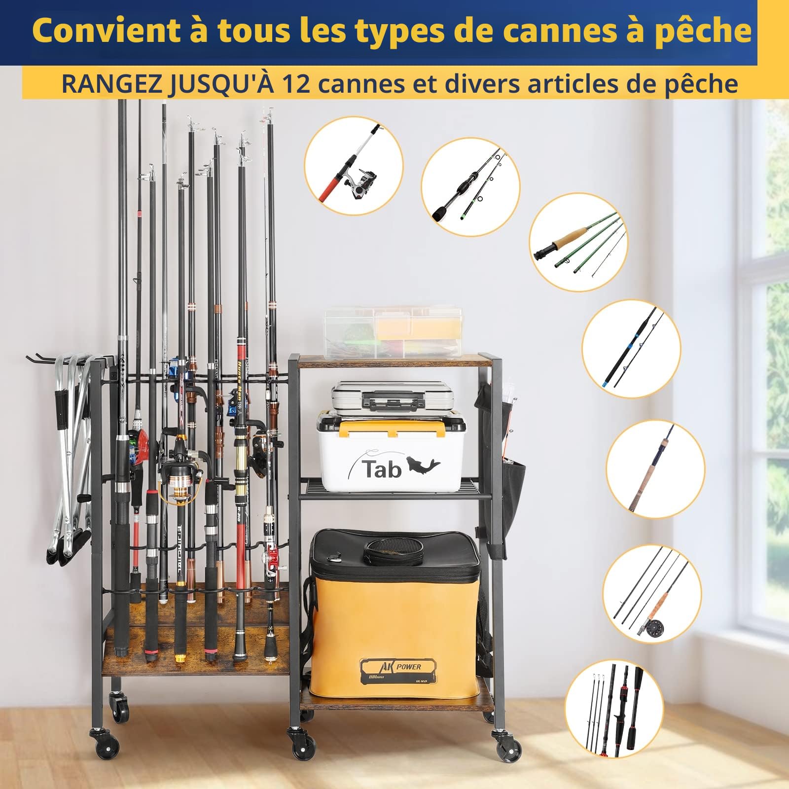 Bikoney Chariot de Rangement pour Cannes à Pêche 12 Supports – Porte-Cannes Mobile avec Roulettes, Organisateur d’Équipement de Pêche pour Garage, Maison ou Atelier, Idée Cadeau pour Homme