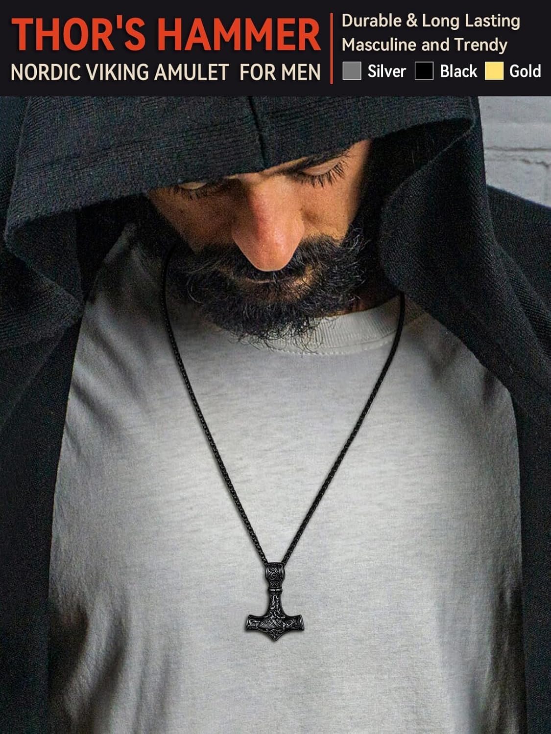 FaithHeart Viking Thor's Hammer Talisman Necklace for Men, Vintage Norse Mjolnir Amulet Pendant with Sturdy Wheat Chain, Stainless Steel Jewelry (Gift Box) - Image 3