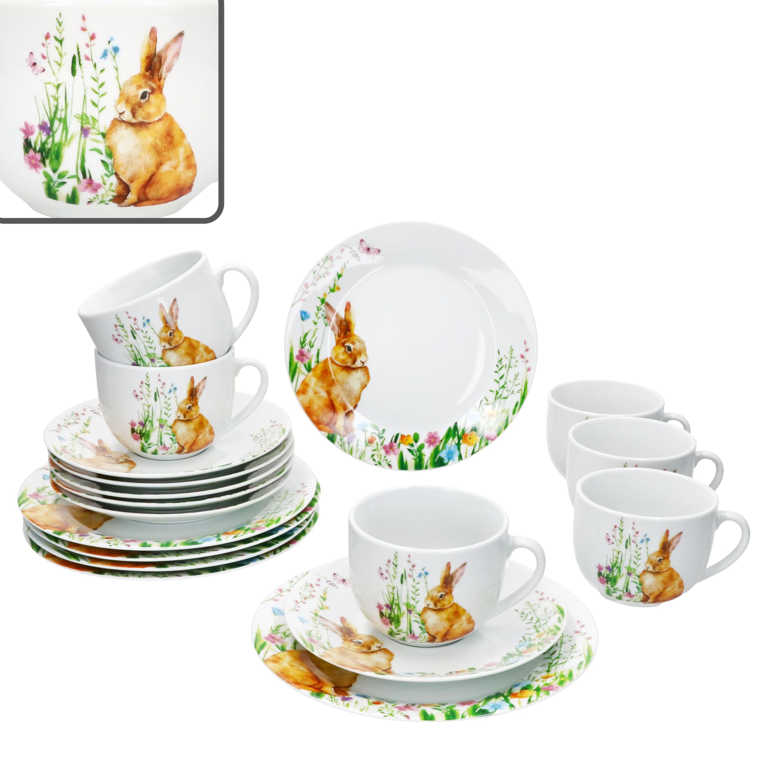 MamboCat Osterfreude Service à café 18 pièces - Vaisselle en porcelaine printanière avec décor lapin de Pâques pour 6 personnes - 6 tasses de 200 ml chacune, 6 soucoupes et 6 assiettes pour