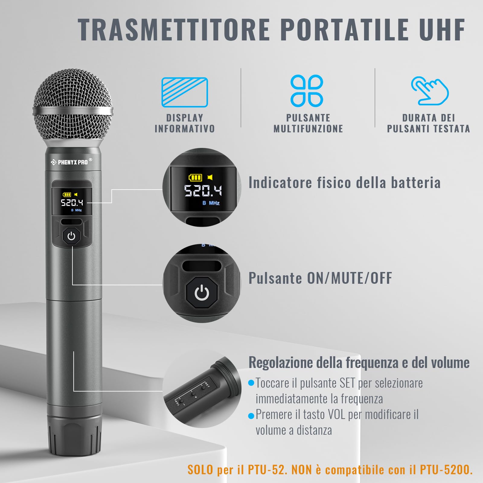 Phenyx Pro Sistema microfono wireless in metallo, microfoni dinamici palmari senza fili per canto, karaoke, chiesa, 2x30 frequenze sintonizzabili UHF, portata di 200 piedi (PTU-52-2H)