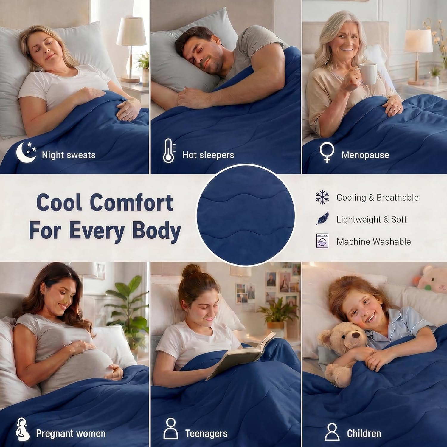 Cooling Comforter Queen Size, Bamboo Summer Cold Blanket for Hot Sleepers | Double-Sided Cool Tech, All Season Bedding for Night Sweats, Breathable Soft Lightweight Silk Smooth, Hypoallergenic, Blue