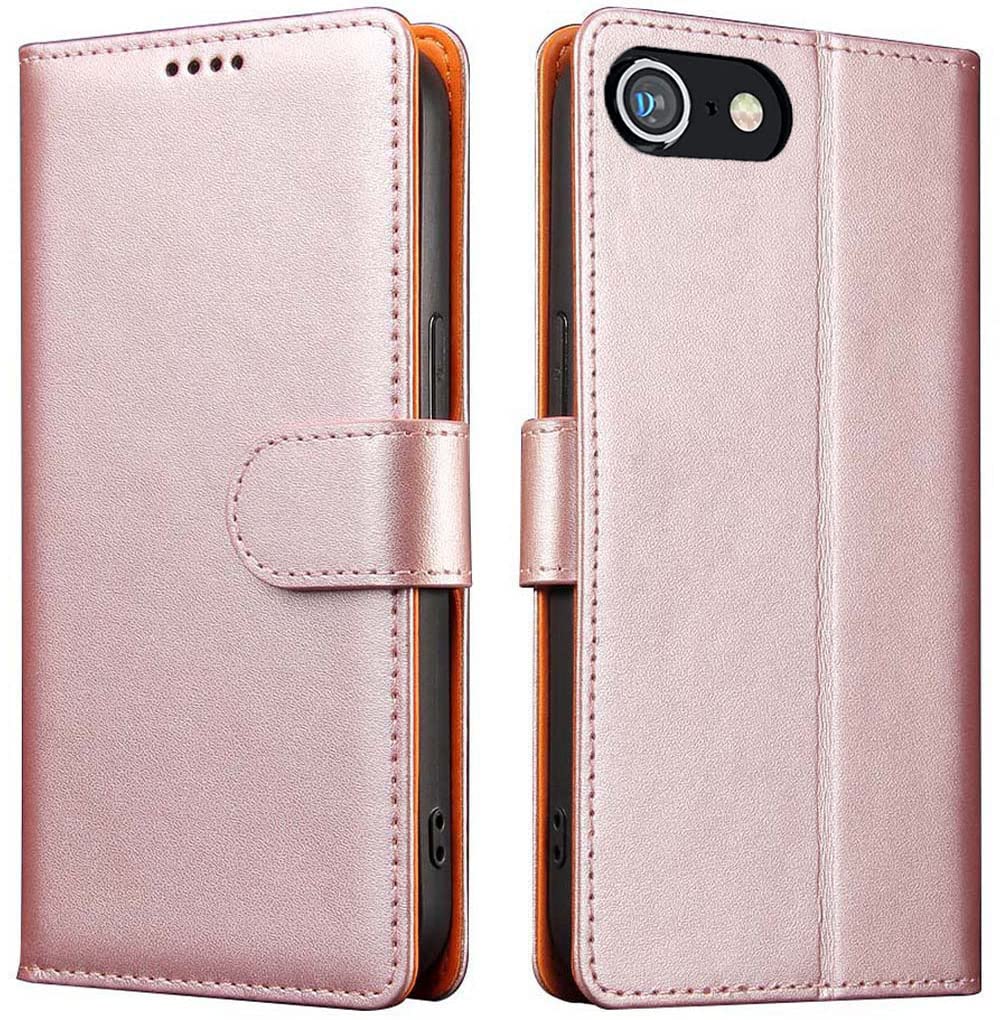 iWEOCO Compatible with iPhone 16e Case Wallet Genuine Leather Flip Anti-Theft RFID Blocking Cash Card Slots Kickstand Strong Magnetic Clasp Closure Protective iPhone 16e Wallet Case (Rose Gold)