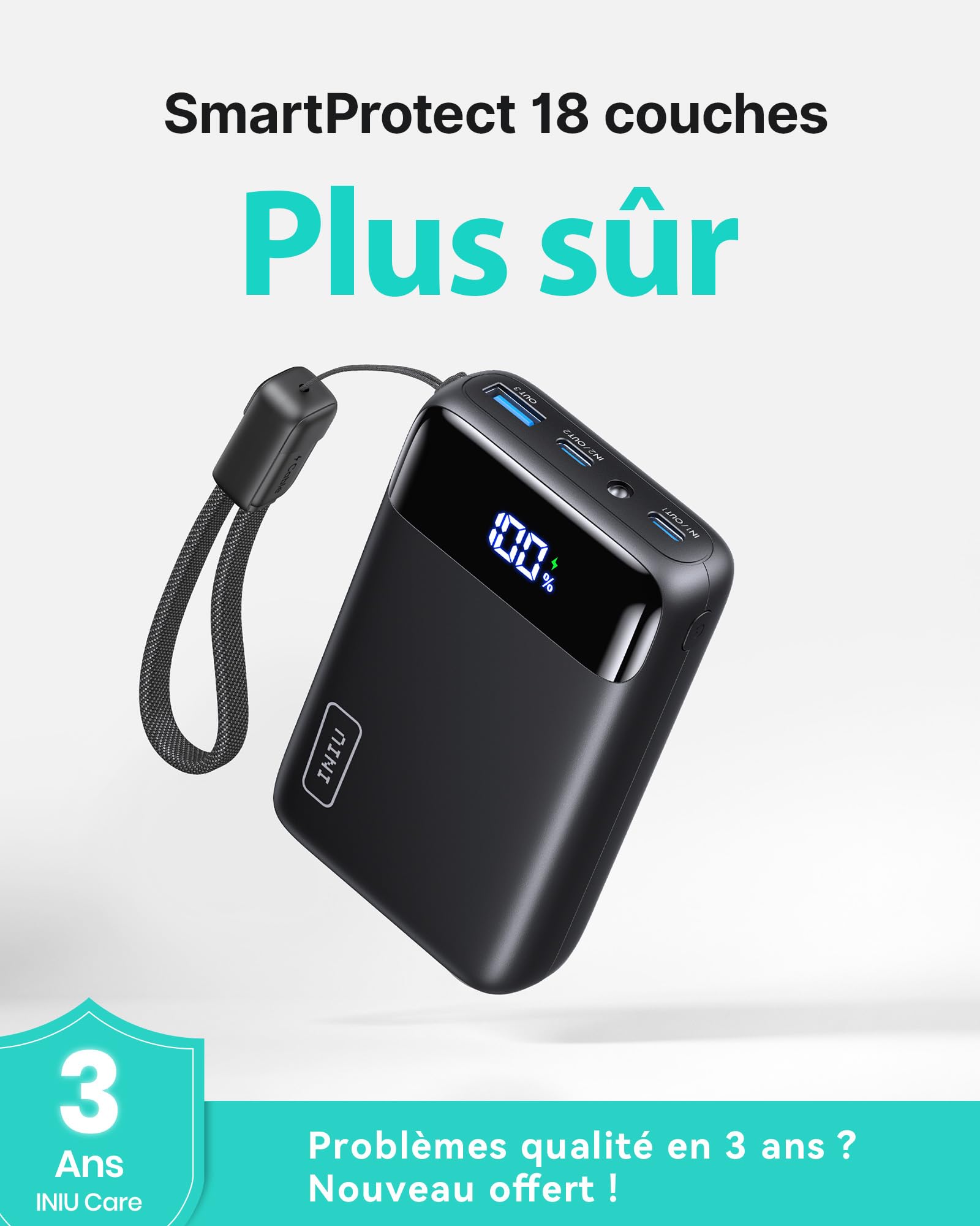 INIU Ultrapequeño 20000mAh Power Bank, 22,5W Carga Rapida Bateria Externa con Cable USB C Desmontable, Apto para Avión, Esenciales de Viaje, Bateria Portatil para iPhone 17 16 Samsung, iPad Xiaomi etc