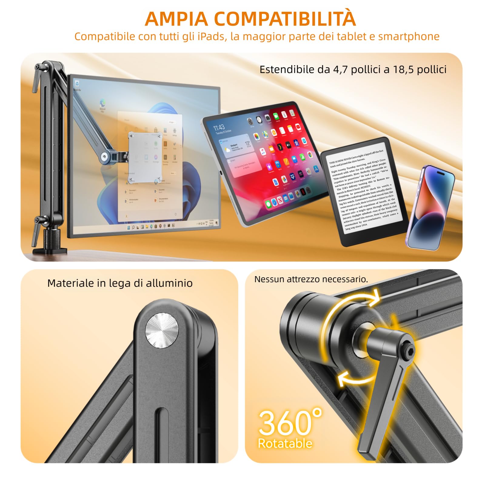 Supporto Tablet Scrivania Magnetico, Braccio Tablet Alluminio con VESA 75x75 Regolabile Anti-Oscillazione, Stand per Monitor Portatile Compatibile con iPad Pro 12.9, 11, Schermi da 4.7" a 18.5"