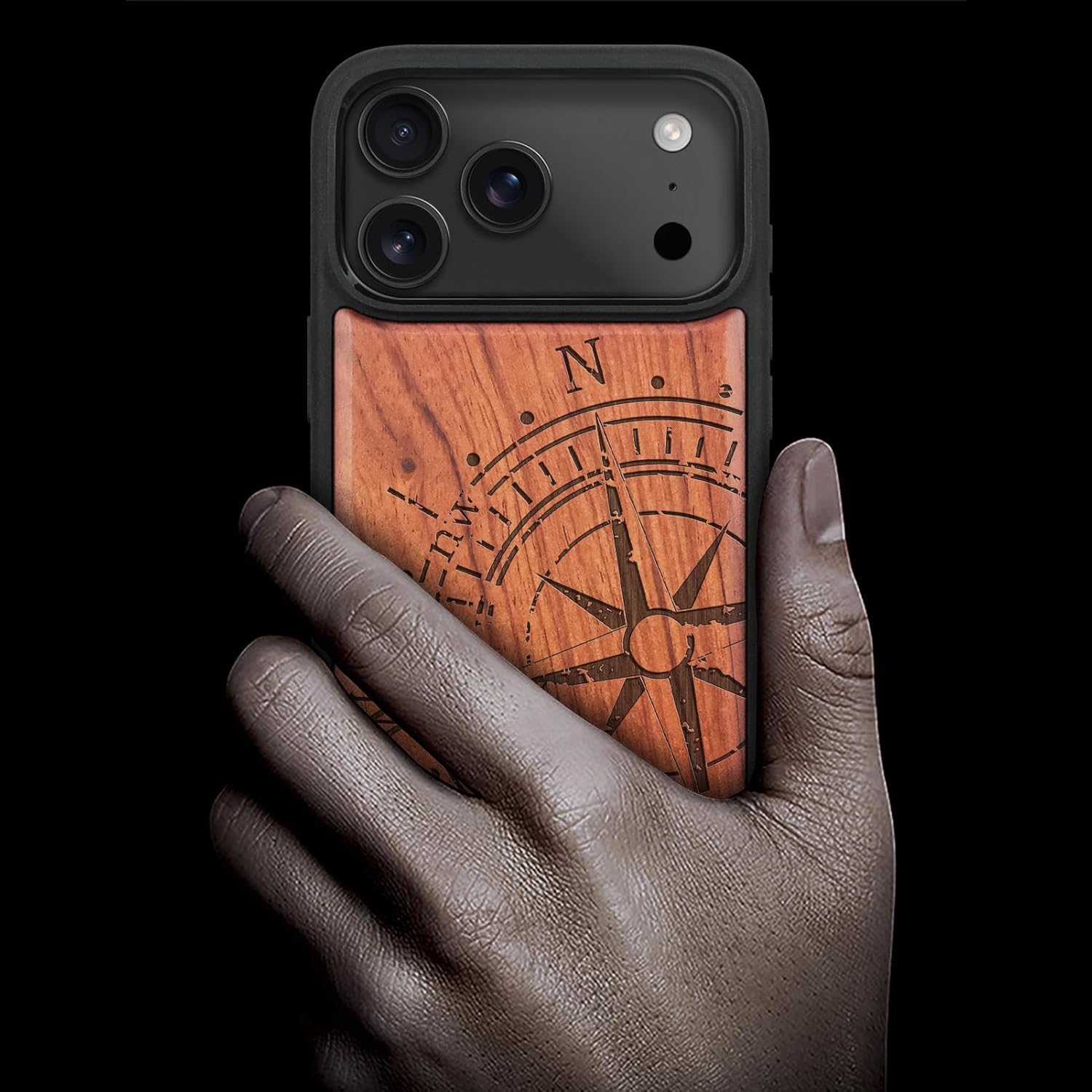 Carveit Magnetic Wooden Case for iPhone 17 Pro Max Case, Wood Artisan Engraved & Black Soft TPU Shockproof Cover, Compatible with MagSafe Wireless Chargers (The Incomplete Compass) Rosy
